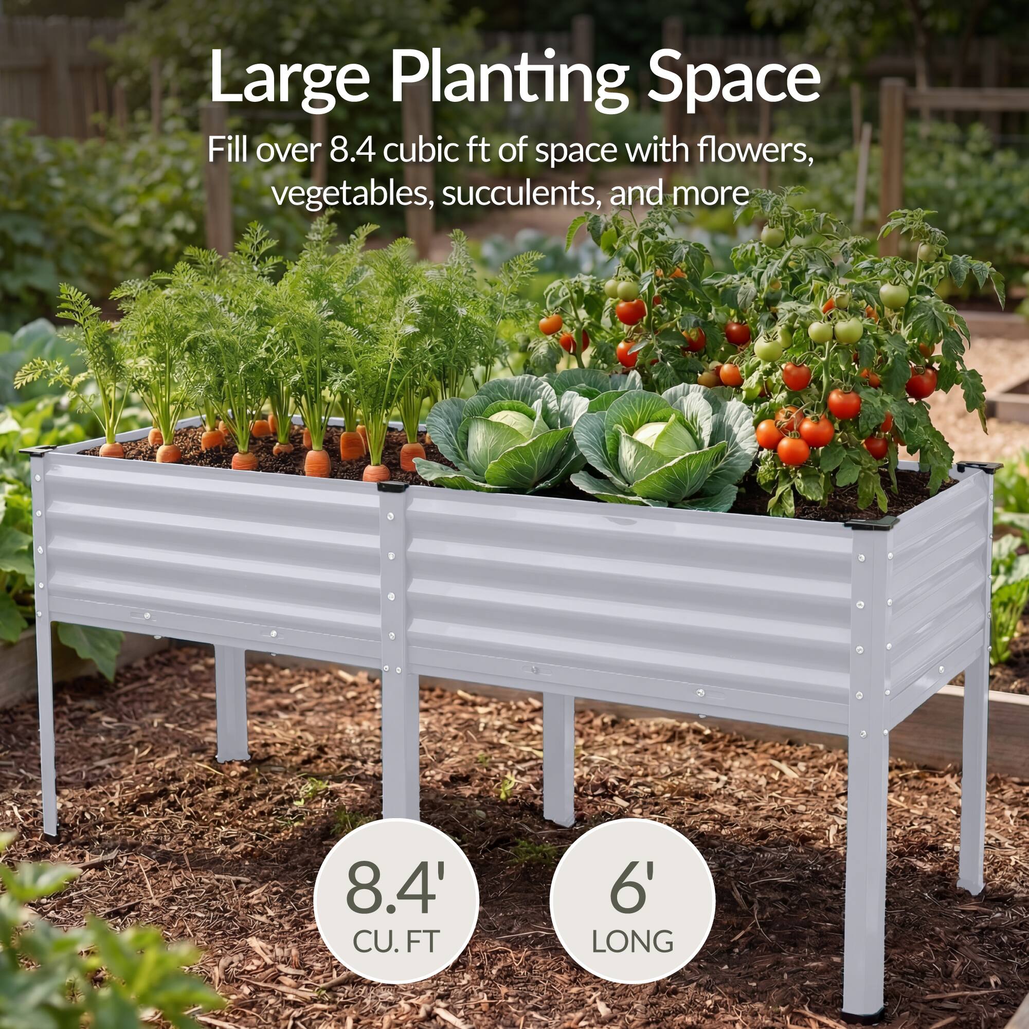 Large Planting Space  
Fill over 8.4 cubic ft of space with flowers, vegetables, succulents, and more  

8.4' CU. FT  
6' LONG