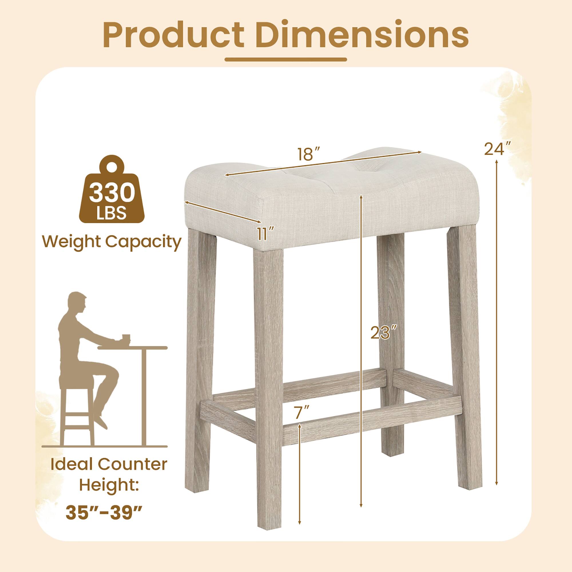 Product Dimensions

- Weight Capacity: 330 LBS
- Ideal Counter Height: 35"-39"
- Dimensions:
  - Top: 18" x 24"
  - Height: 23"
  - Leg Width: 7"
  - Seat Depth: 11"