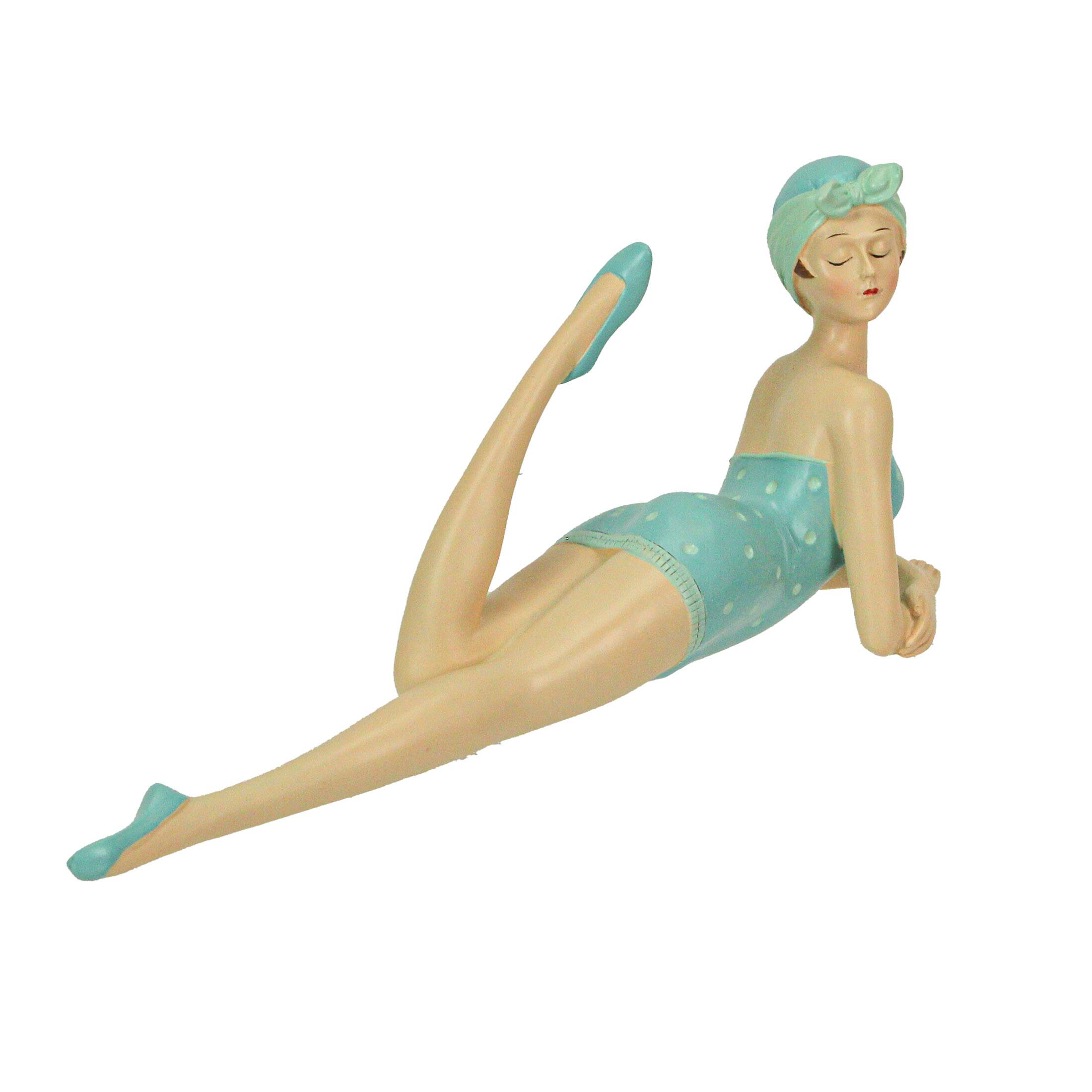 Alt View 3. Fancy That - Retro Bathing Beauty Beach Girl Posing In Sage Green Polka Dot Swimsuit Figurine - Aqua.