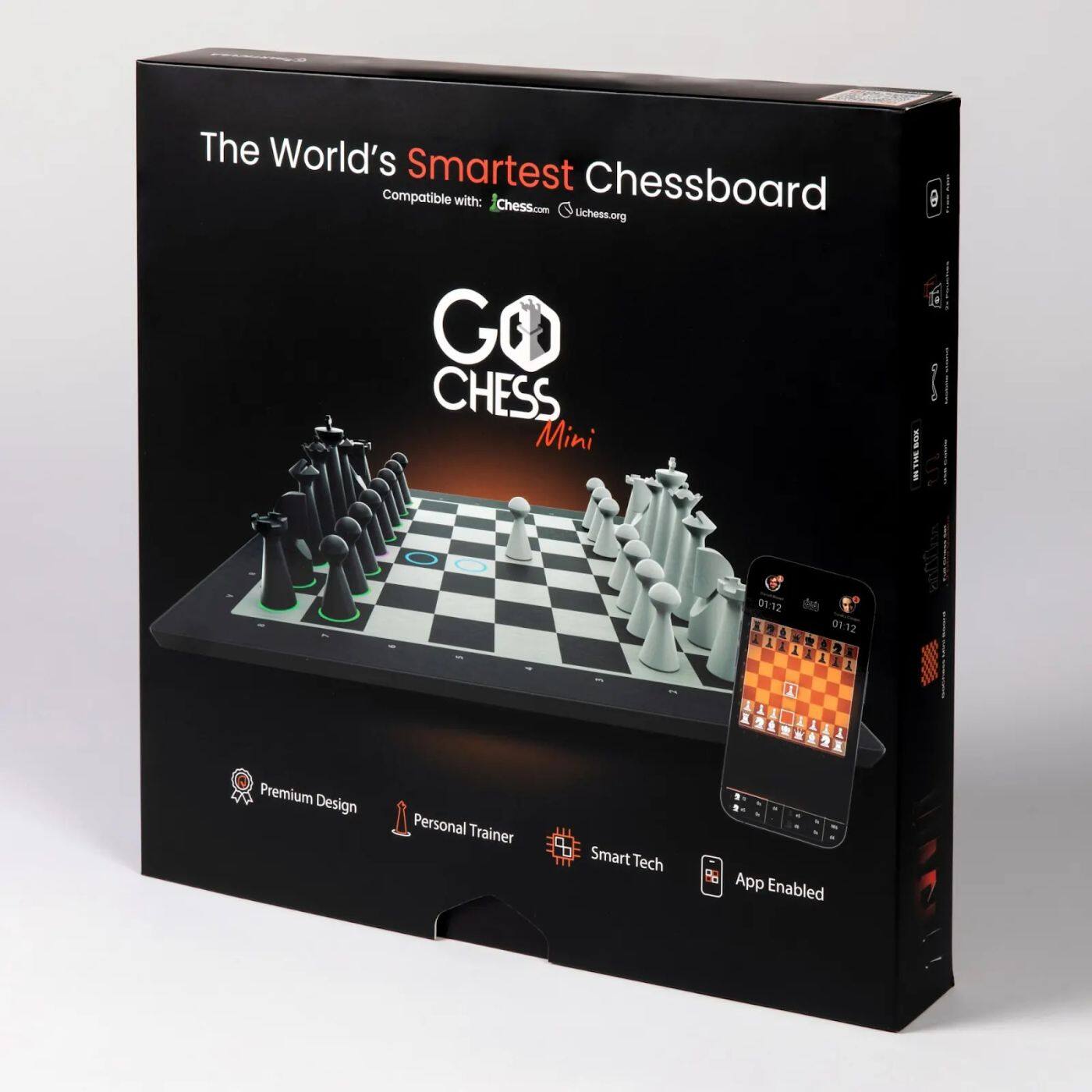 The World's Smartest Chessboard Compatible with: Chesscom Lchess.org GO CHESS Mini - 01:12 - 01:12 I I 6 1 I 1 1 V J E A & 1 1 i J 1 2 Premium Design Personal Trainer Smart Tech App Enabled