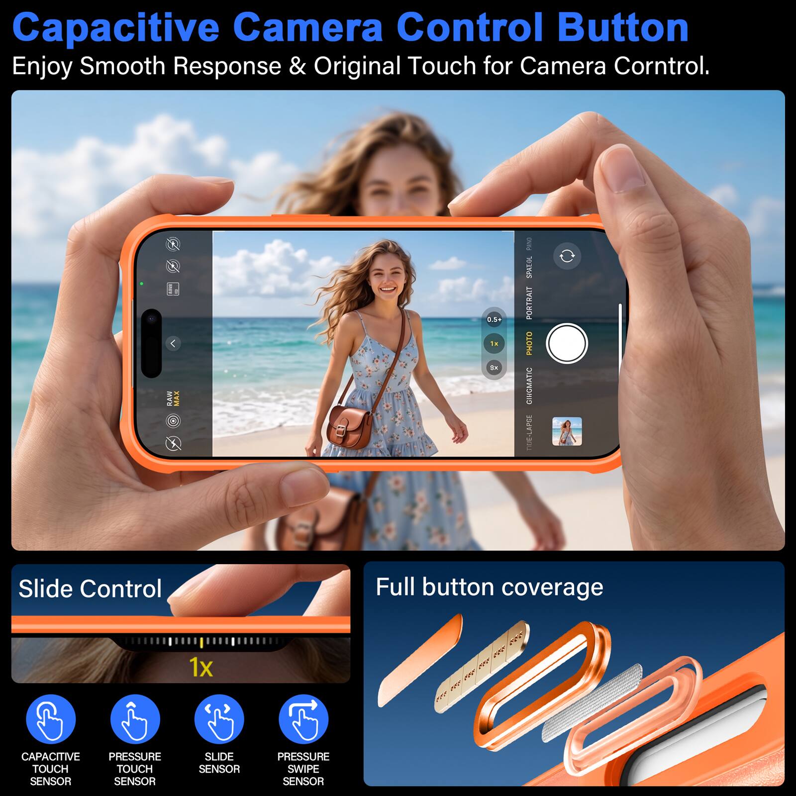Capacitive Camera Control Button  
Enjoy Smooth Response & Original Touch for Camera Control.

RAW  
MAX  
0.5+ 1x 8x  
DAIRS SPATOL PORTRAIT PHOTO GINGMATIC NUE-LAPOE

Slide Control  
Full button coverage  
1x

CAPACITIVE PRESSURE TOUCH TOUCH SENSOR SENSOR  
SLIDE SENSOR  
PRESSURE SWIPE SENSOR