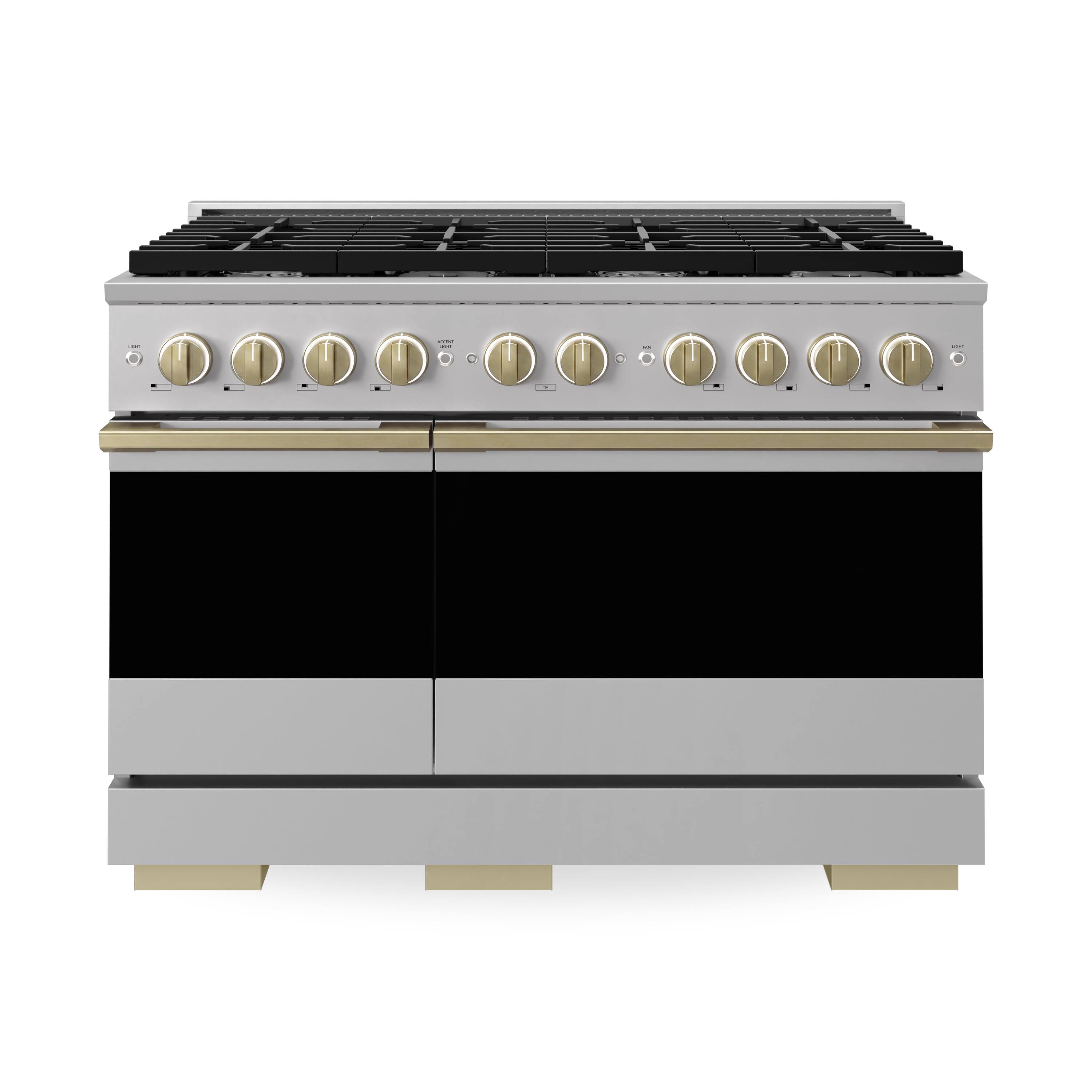Front. ZLINE - Autograph 48 in. 6.7 cu. ft. Marino Freestanding Double Oven Gas Range with 8 Burners and Bronze Accents - Stainless Steel.