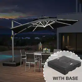 PURPLE LEAF - 12 ft. Patio Octagon Aluminum Solar Powered LED Cantilever Outdoor Offset Umbrella with Base for Garden Deck Pool - Gray