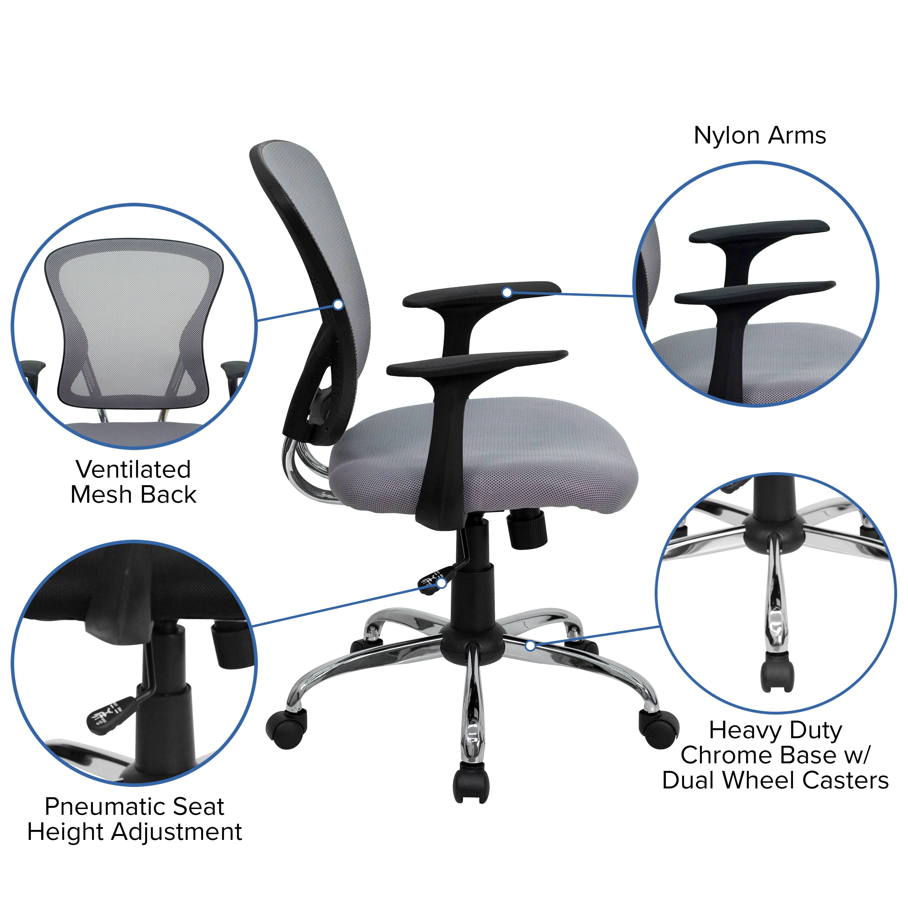 Ventilated Mesh Back, Nylon Arms, Pneumatic Seat Height Adjustment, Heavy Duty Chrome Base w/ Dual Wheel Casters