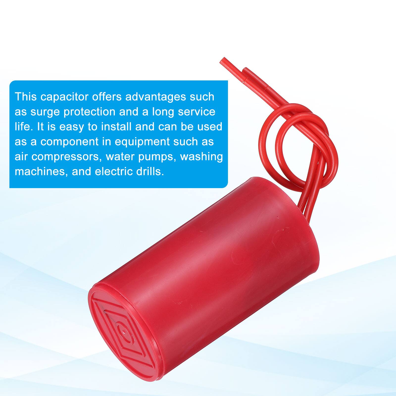 This capacitor offers advantages such as surge protection and a long service life. It is easy to install and can be used as a component in equipment such as air compressors, water pumps, washing machines, and electric drills.