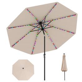 Gymax - 10 FT Solar Patio Umbrella w/96 Multi-colored LED Lights & 9 Modes Vented Top - Beige