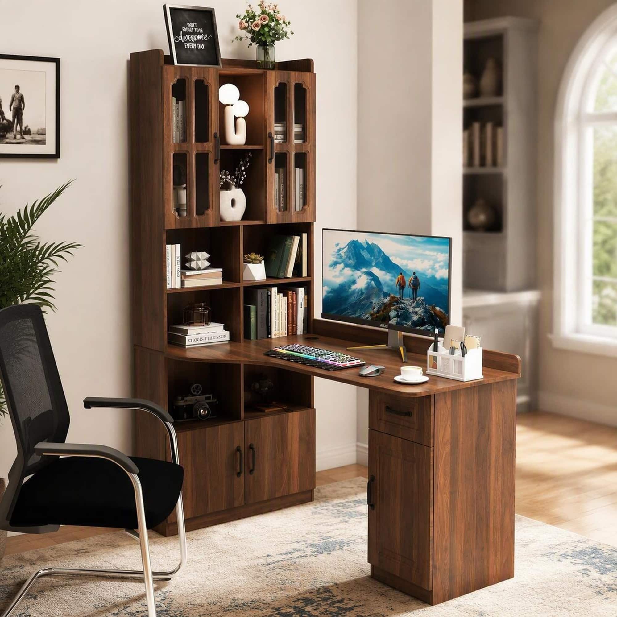 RYHNUYNE - L-Shaped Corner Desk for Home Office, White Study Table with Storage Shelves, Drawer, and Hutch, 15mm Particle Board - Walnut