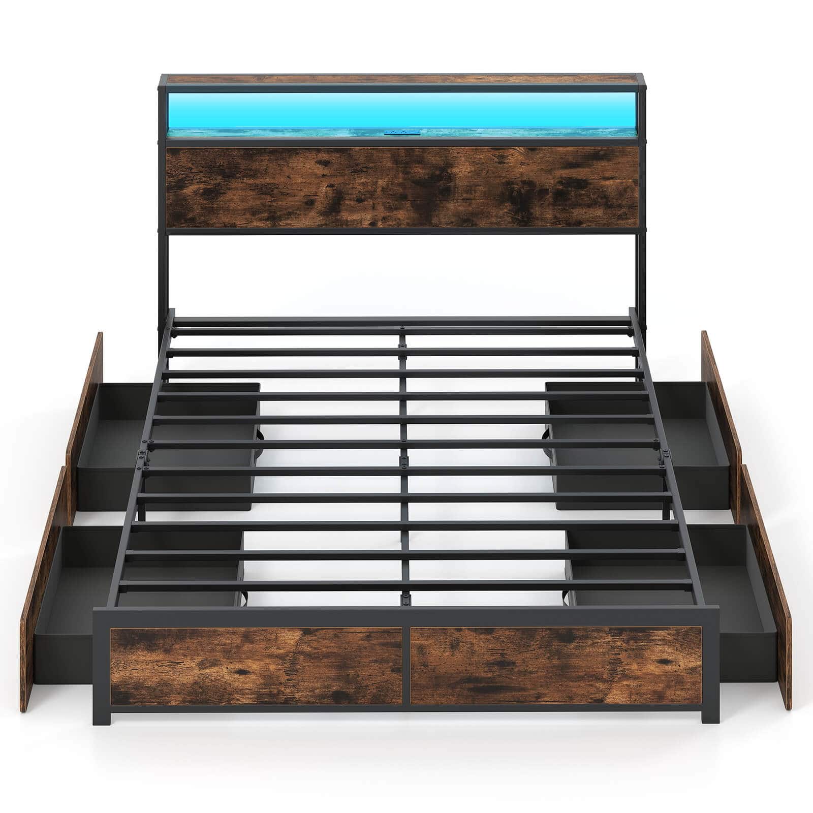 Photos - Bed Costway  Queen Size LED  Frame w/2-Tier Storage Headboard & 4 Drawers Charging Station - Rustic Brown,Black TGCA3260 