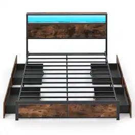 Costway - Queen Size LED Bed Frame w/2-Tier Storage Headboard & 4 Drawers Charging Station - Rustic Brown,Black