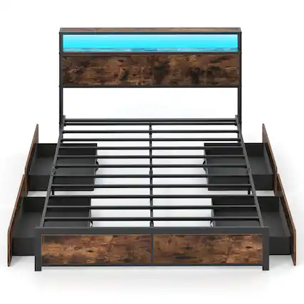 Front. Costway - Costway Queen Size LED Bed Frame w/2-Tier Storage Headboard & 4 Drawers Charging Station - Rustic Brown,Black.