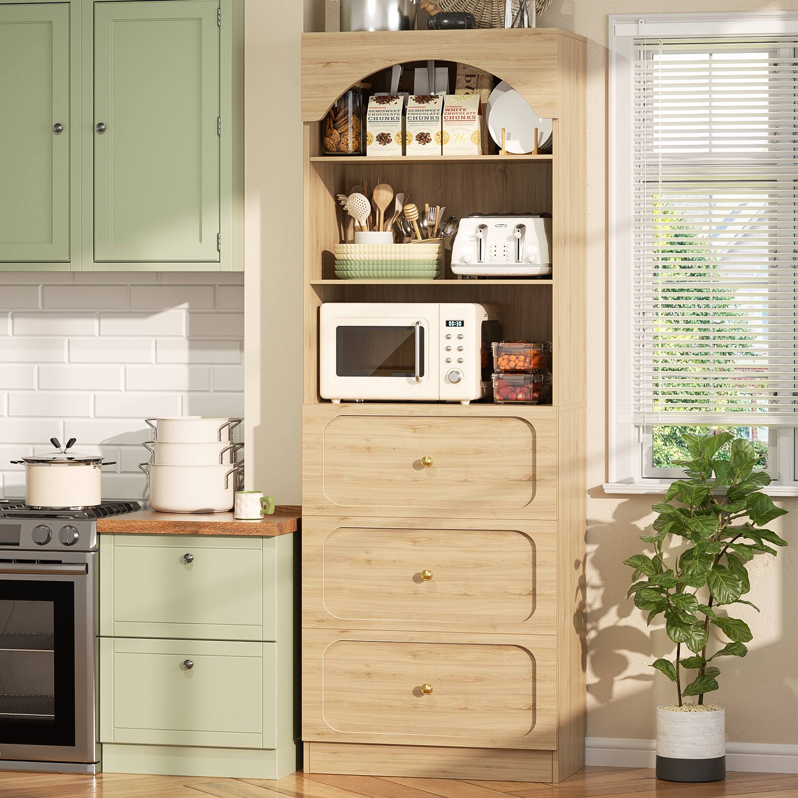 Back. Aheaplus - 80"Tall Arched Bookcase with 3 Drawers & 3-Tier Open Shelves – Wooden Storage Cabinet for Living Room, Kitchen - Brown.