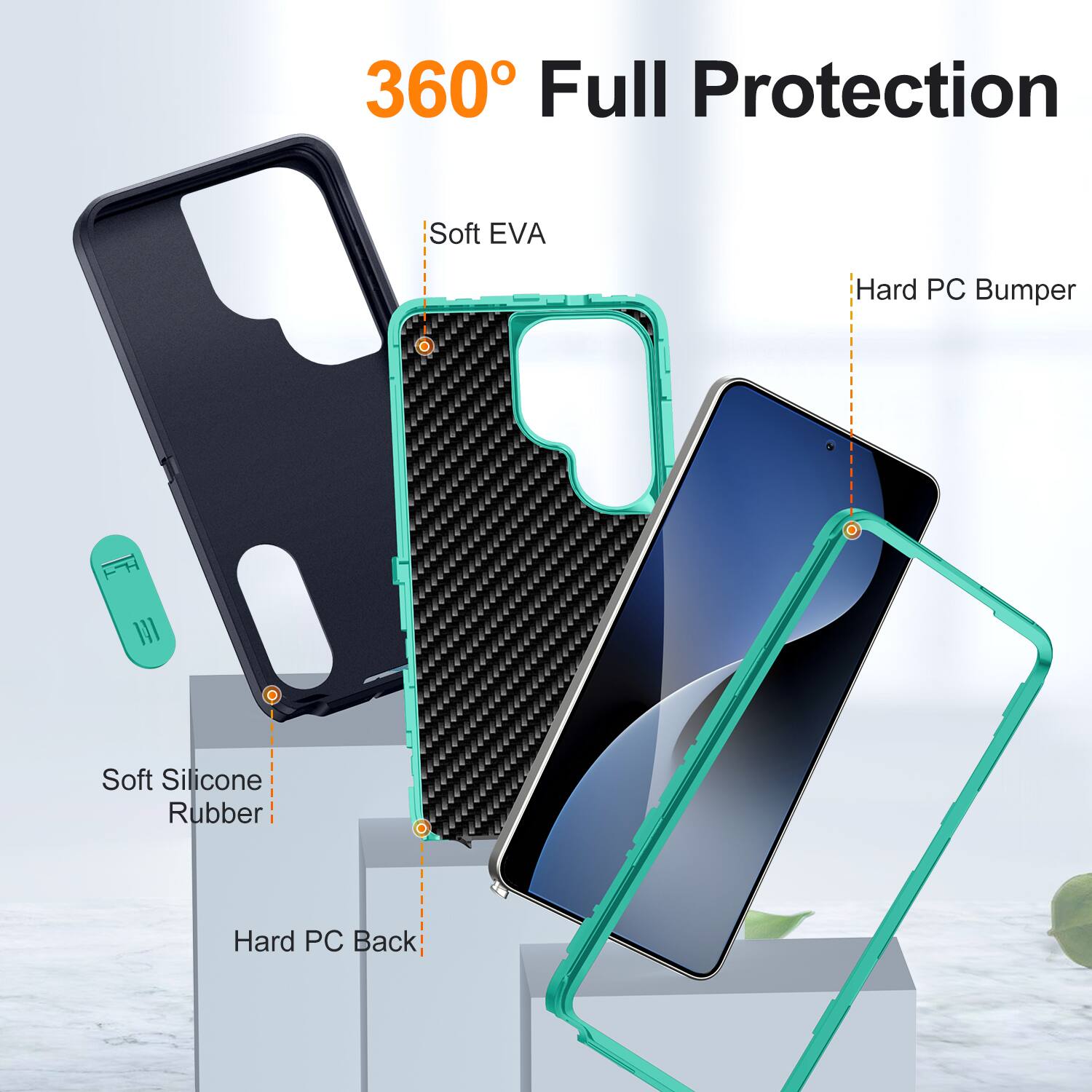 360° Full Protection

- Soft EVA
- Hard PC Bumper
- Soft Silicone Rubber
- Hard PC Back