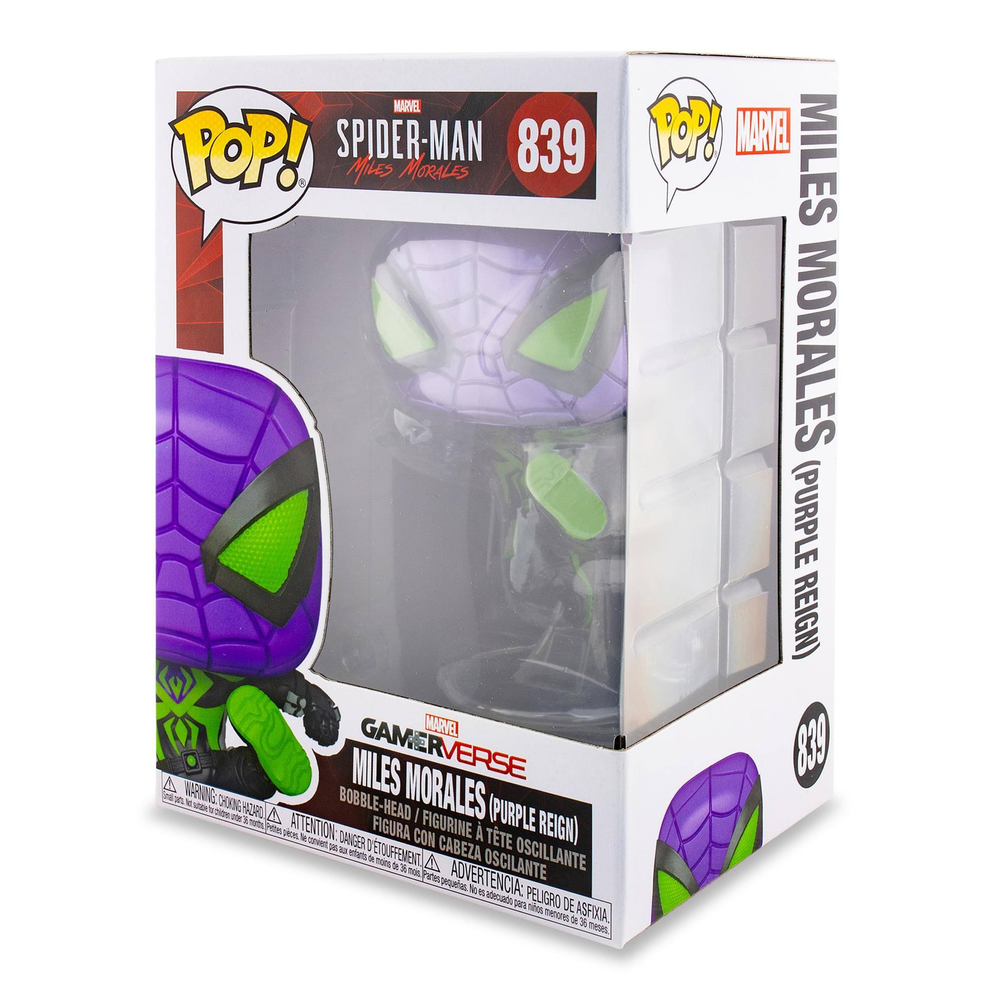 MARVEL POP! SPIDER-MAN 839  
MILES MORALES  
GAMERVERSE  
MILES MORALES (PURPLE REIGN)  
BOBBLE-HEAD  
ADVERTENCIA: FIGURA CON CABEZA OSCILANTE  
DANGER: CHOKING HAZARD - SMALL PARTS. NOT FOR CHILDREN UNDER 3 YEARS.  
ATTENTION: FIGURINE A TÊTE OSCILLANTE - PELIGRO DE ASFIXIA.  
ADVERTENCIA: FIGURA CON CABEZA OSCILANTE - PEQUEÑOS OBJETOS. NO ES APTO PARA NIÑOS MENORES DE 3 AÑOS.