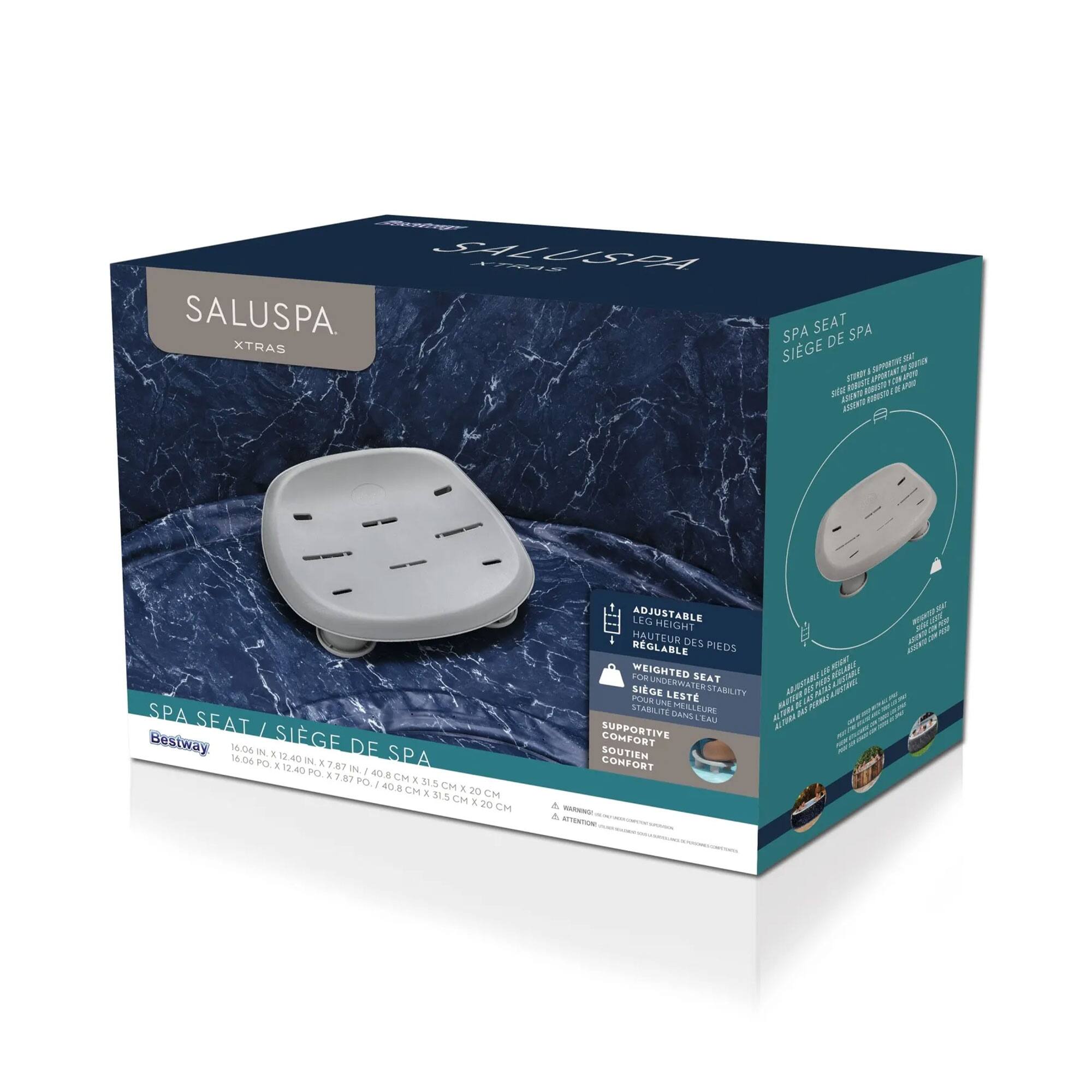 Sure, here is the corrected and grouped text from the image:

---

**SALUSPA**  
**XTRAS**

**SPA SEAT / SIÈGE DE SPA**

**Bestway**  
16.08 IN X 12.40 IN X 7.87 IN / 40.8 CM X 31.5 CM X 20 CM

**ADJUSTABLE LEG HEIGHT**  
**REGLEUR DES PIEDS**

**WEIGHTED SEAT**  
**SIÈGE LÉGER**  
**STABILITÉ MELLEURE**

**SUPPORTIVE COMFORT**  
**SOUTIEN CONFORT**

**SPA SEAT**  
**SIÈGE DE SPA**

**ADJUSTABLE LEG HEIGHT**  
**REGLEUR DES PIEDS**

**WEIGHTED SEAT**  
**SIÈGE LÉGER**  
**STABILITÉ MELLEURE**

**SUPPORTIVE COMFORT**  
**SOUTIEN CONFORT**

**WARNING:**  
**ATTENTION:**  
**READ INSTRUCTIONS BEFORE USE.**  
**LIRE LES INSTRUCTIONS AVANT D'UTILISER.**

---

This text