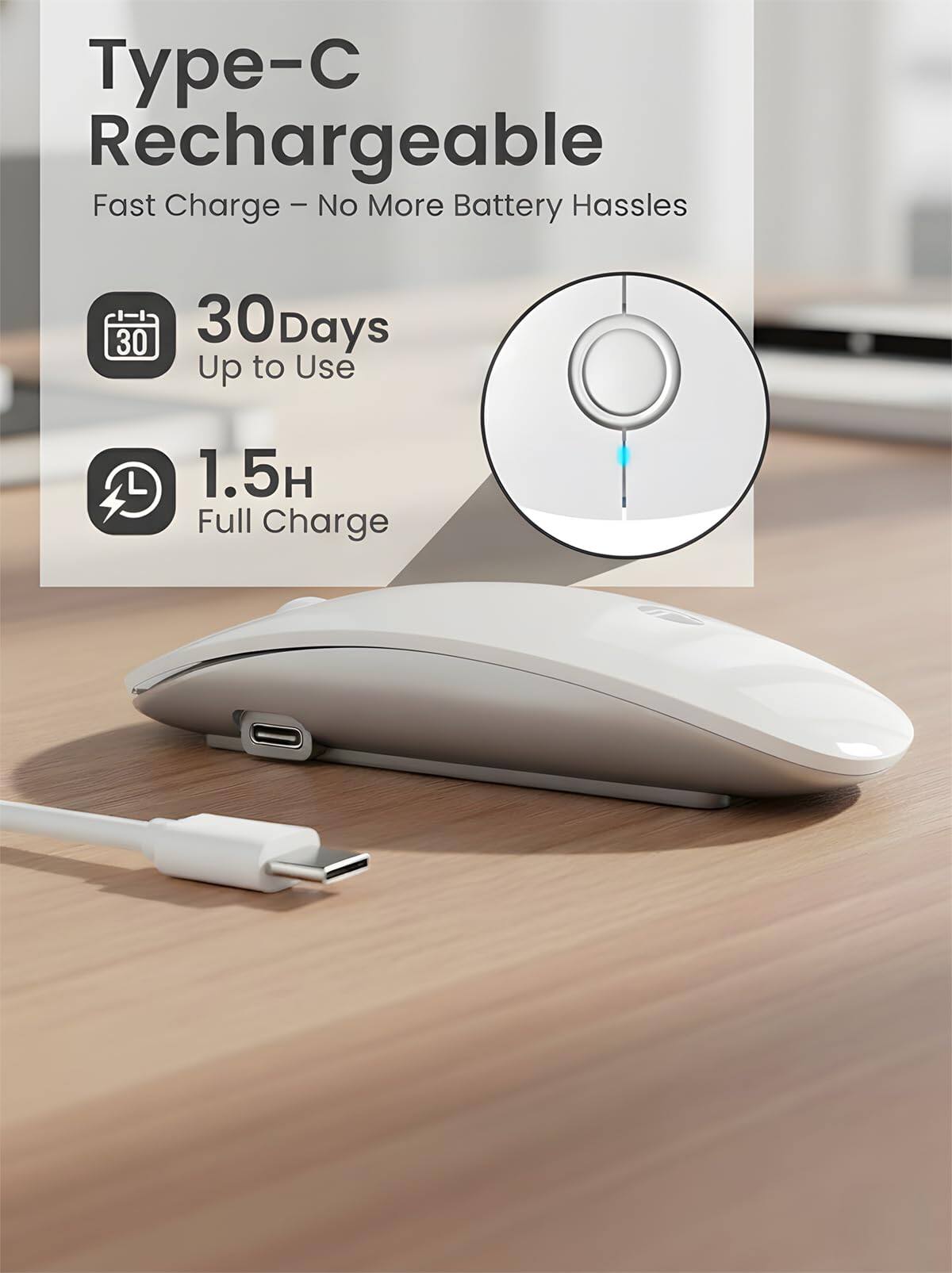 Type-C Rechargeable  
Fast Charge – No More Battery Hassles  

30 Days Up to Use  
1.5H Full Charge