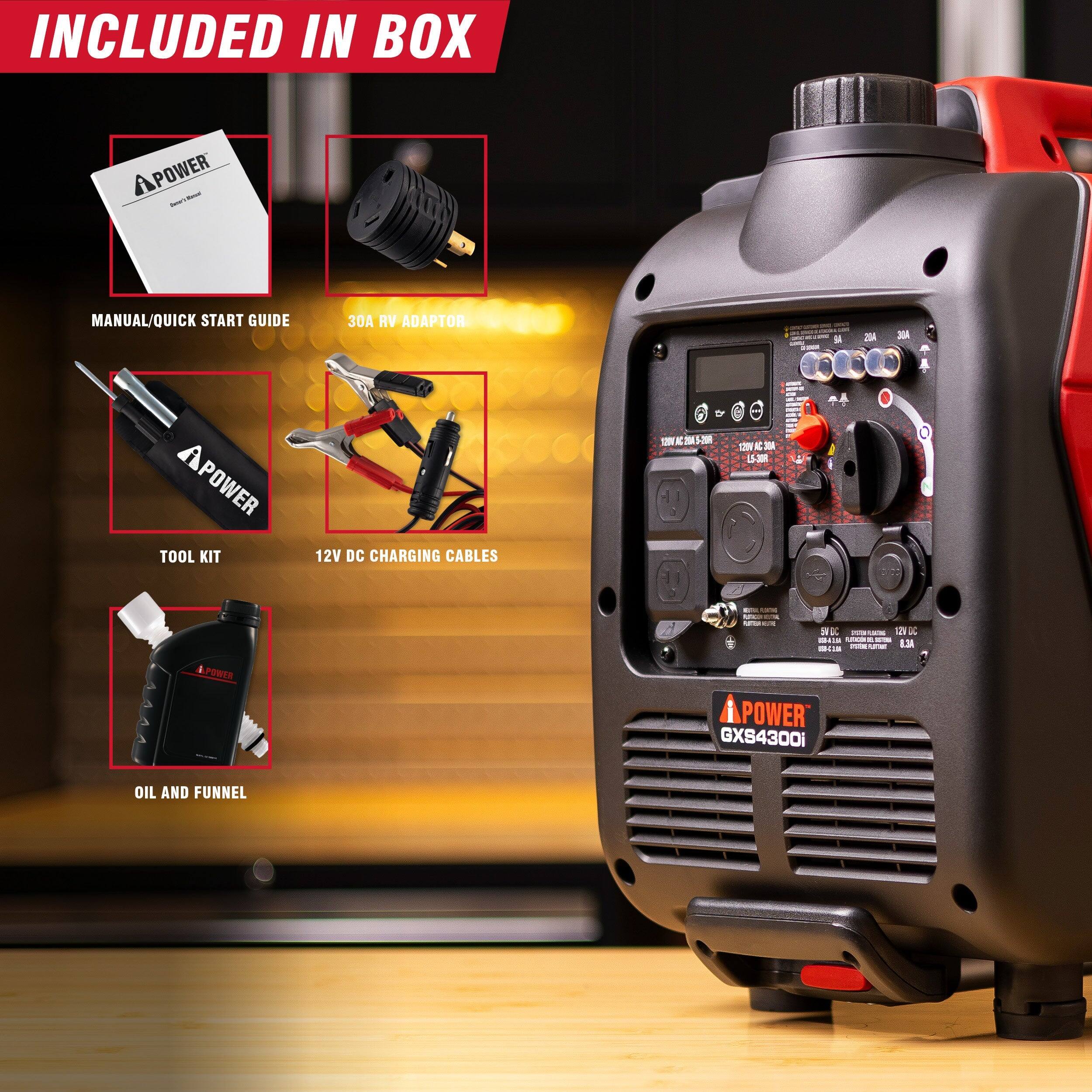 INCLUDED IN BOX

- MANUAL/QUICK START GUIDE
- 30A RV ADAPTOR
- TOOL KIT
- 12V DC CHARGING CABLES
- OIL AND FUNNEL

APOWER GX54300i OIL AND FUNNEL