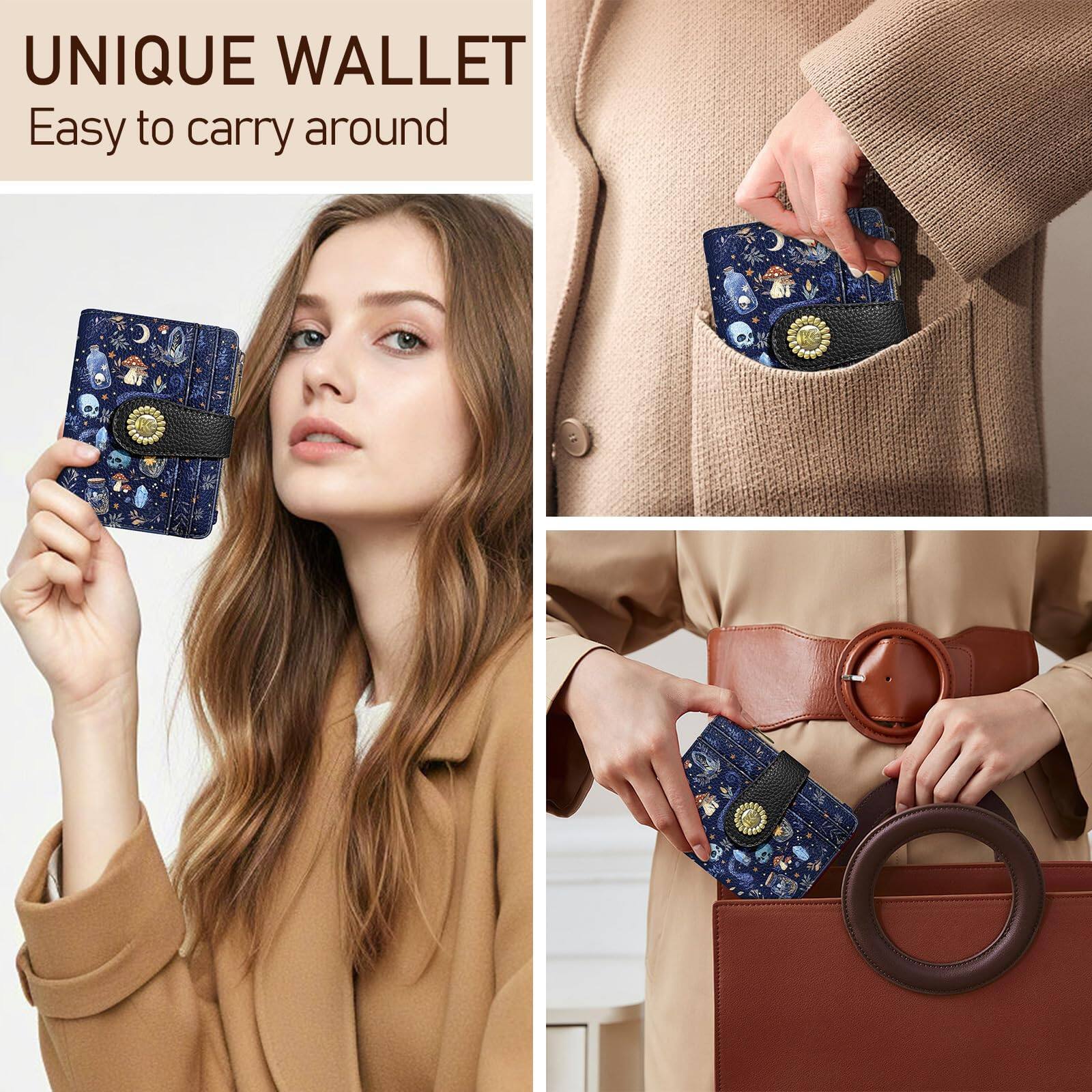 Left. Jadie Link - Mushroom Snake Night Small Rfid Women Wallet Bifold Zipper Pocket Leather Compact Credit Card Holder Travel Female - Mushroom Moon.