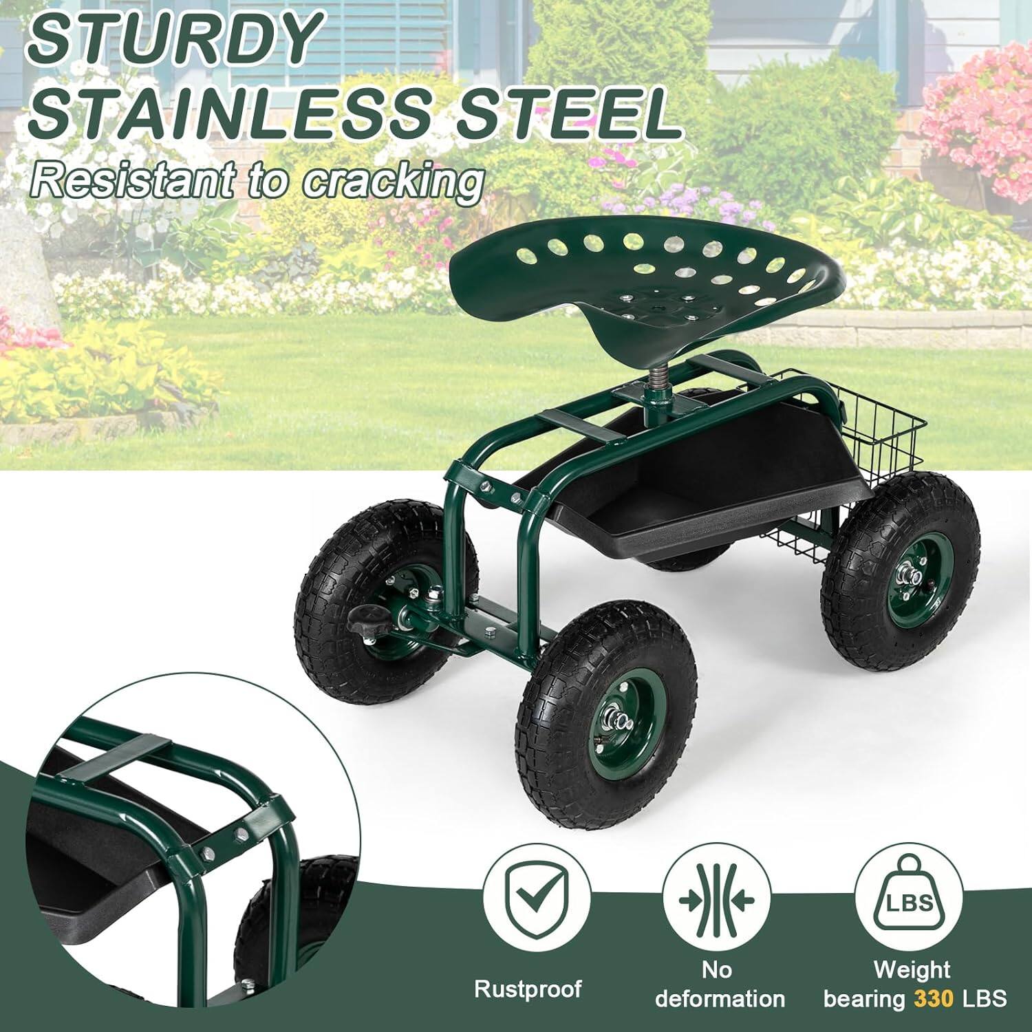 STURDY STAINLESS STEEL  
Resistant to cracking  
Rustproof  
No deformation  
Weight bearing 330 LBS