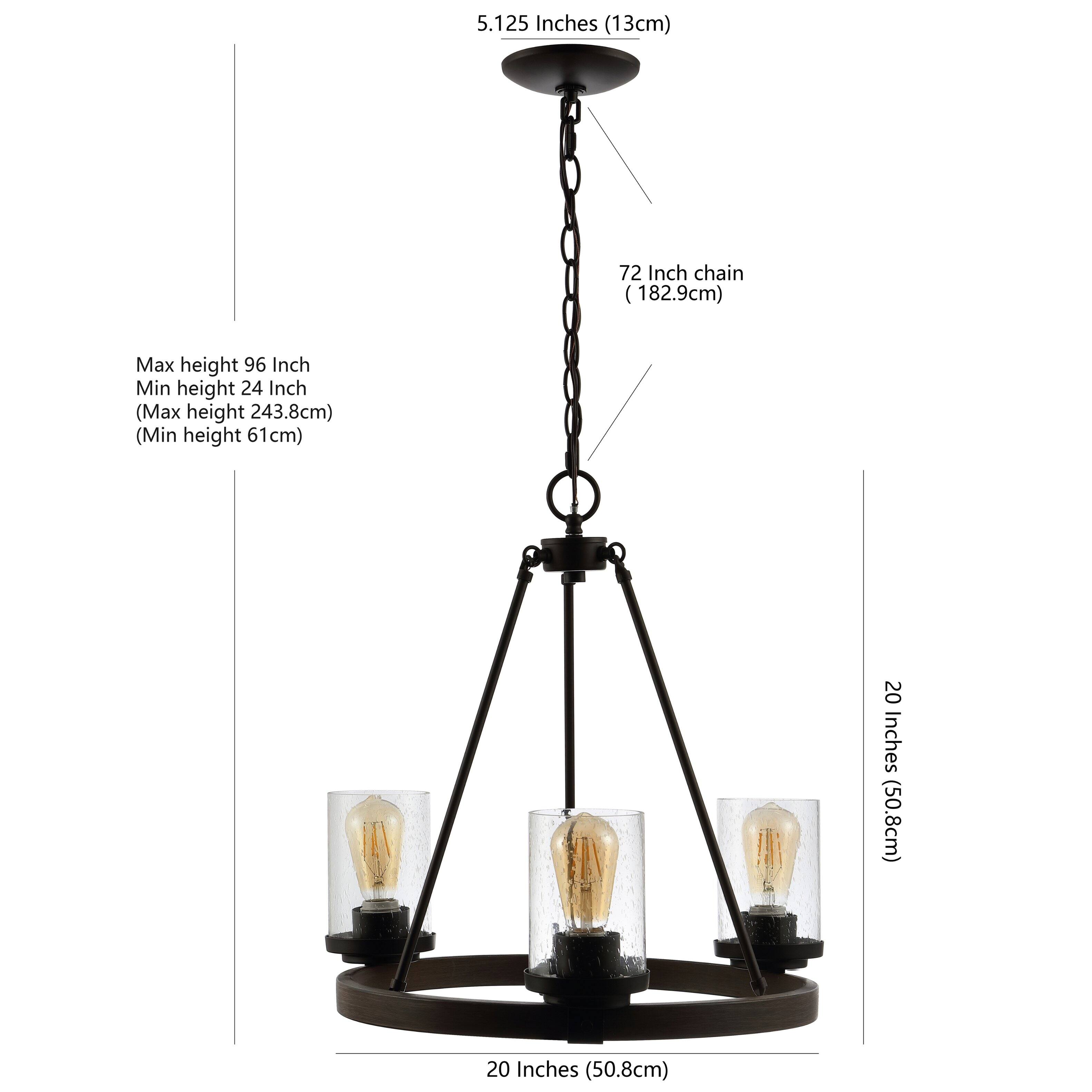 5.125 Inches (13cm)  
72 Inch chain (182.9cm)  
Max height 96 Inch (243.8cm)  
Min height 24 Inch (61cm)  
20 Inches (50.8cm)