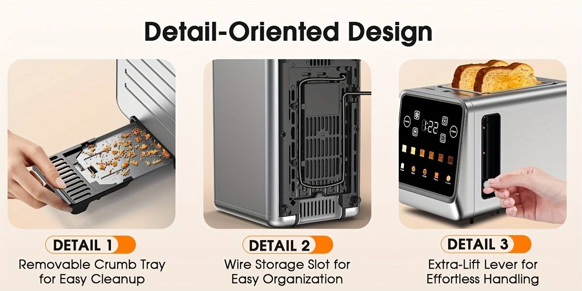 Detail-Oriented Design

DETAIL 1  
Removable Crumb Tray for Easy Cleanup

DETAIL 2  
Wire Storage Slot for Easy Organization

DETAIL 3  
Extra-Lift Lever for Effortless Handling
