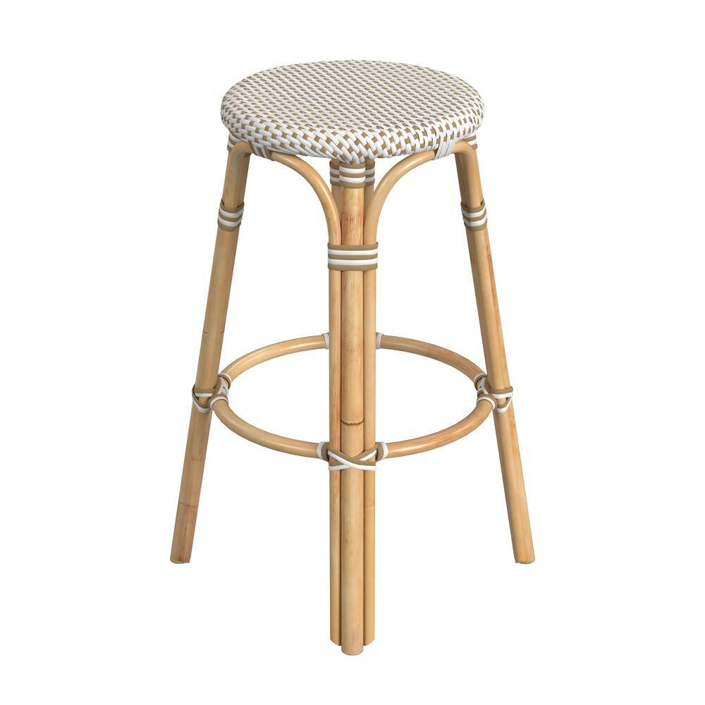 Alt View 2. Butler Specialty - Tobias Round Rattan 30" Bar Stool - White And Tan Dot.