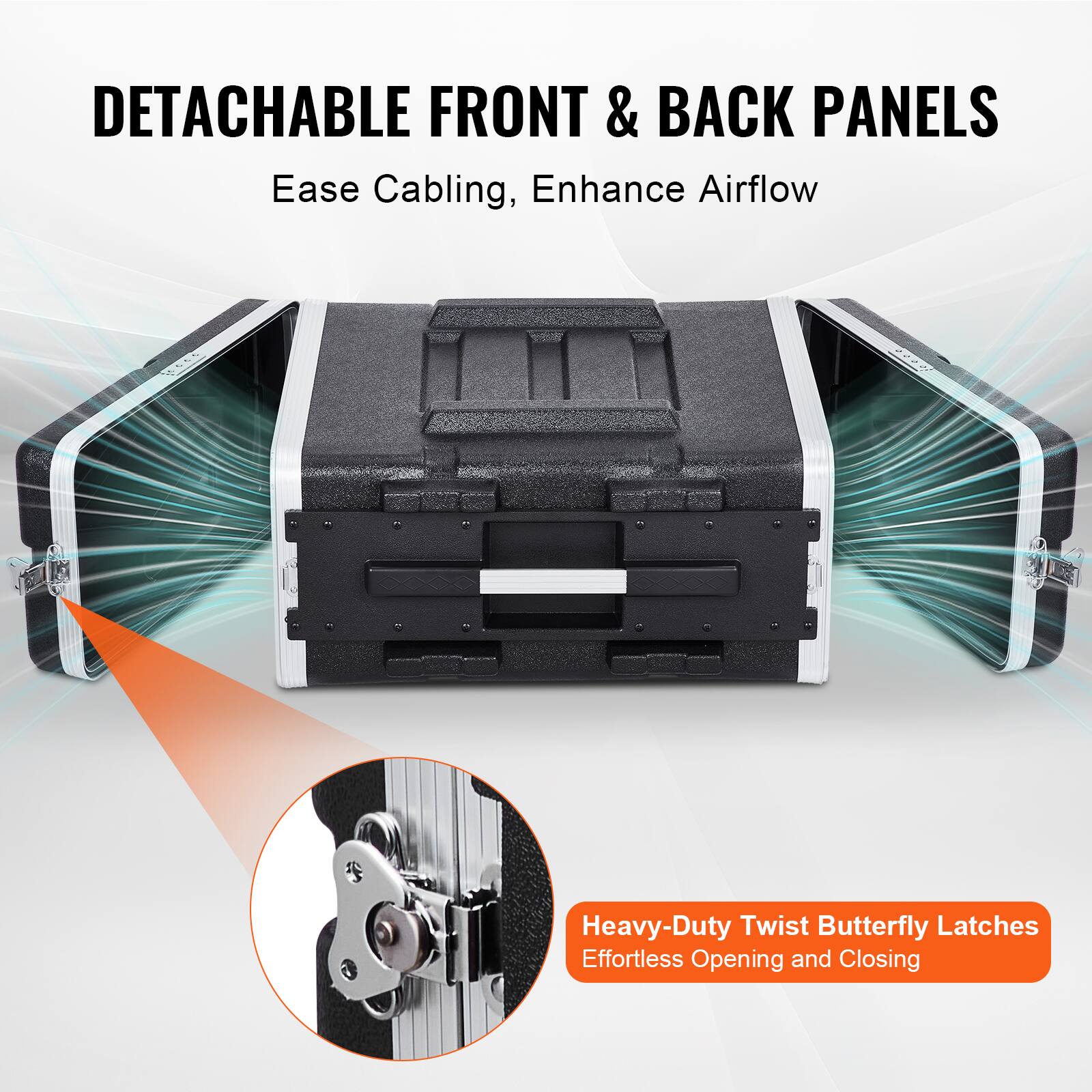 DETACHABLE FRONT & BACK PANELS  
Ease Cabling, Enhance Airflow  

Heavy-Duty Twist Butterfly Latches  
Effortless Opening and Closing