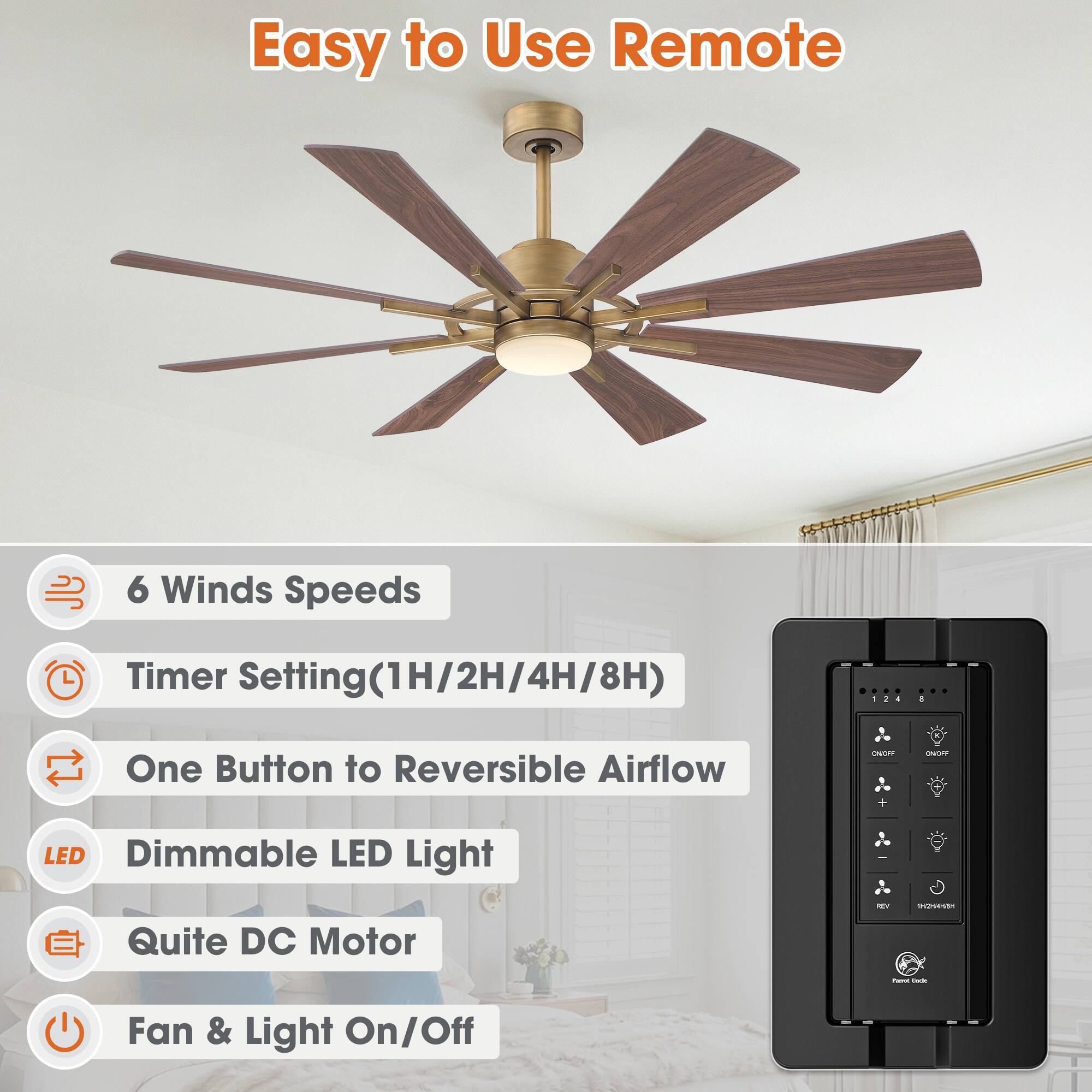 Easy to Use Remote

6 Winds Speeds

Timer Setting(1H/2H/4H/8H)

One Button to Reversible Airflow

Dimmable LED Light

Quite DC Motor

Fan & Light On/Off