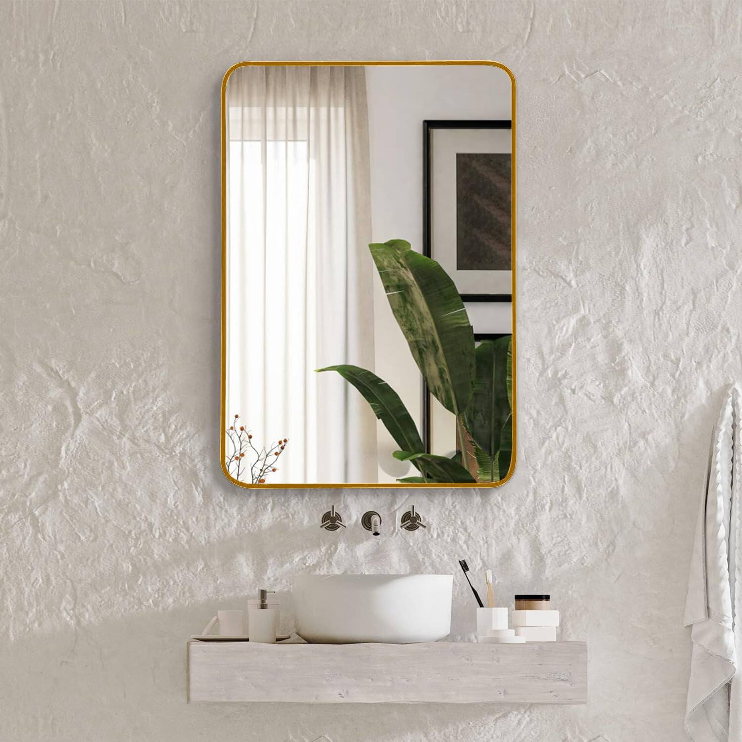 Front. BreeBe - 22x30 Inch Gold Metal Framed Rectangular Bathrrom Mirror for Wall. - Gold.