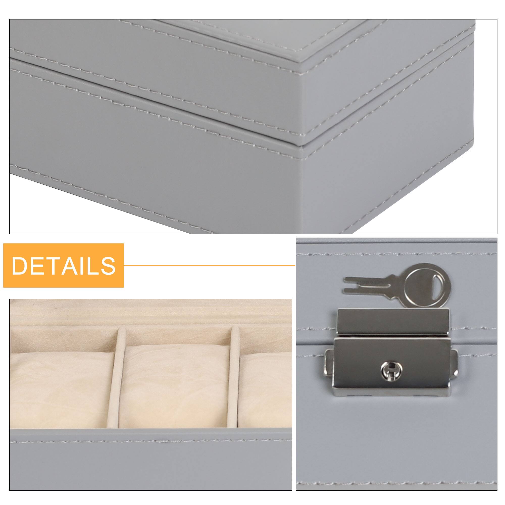 Back. Oumilen - Watch Storage Box with Lock, Clear Top Display Watch Case with Removable Velvet Pillows， Gray - Gray.