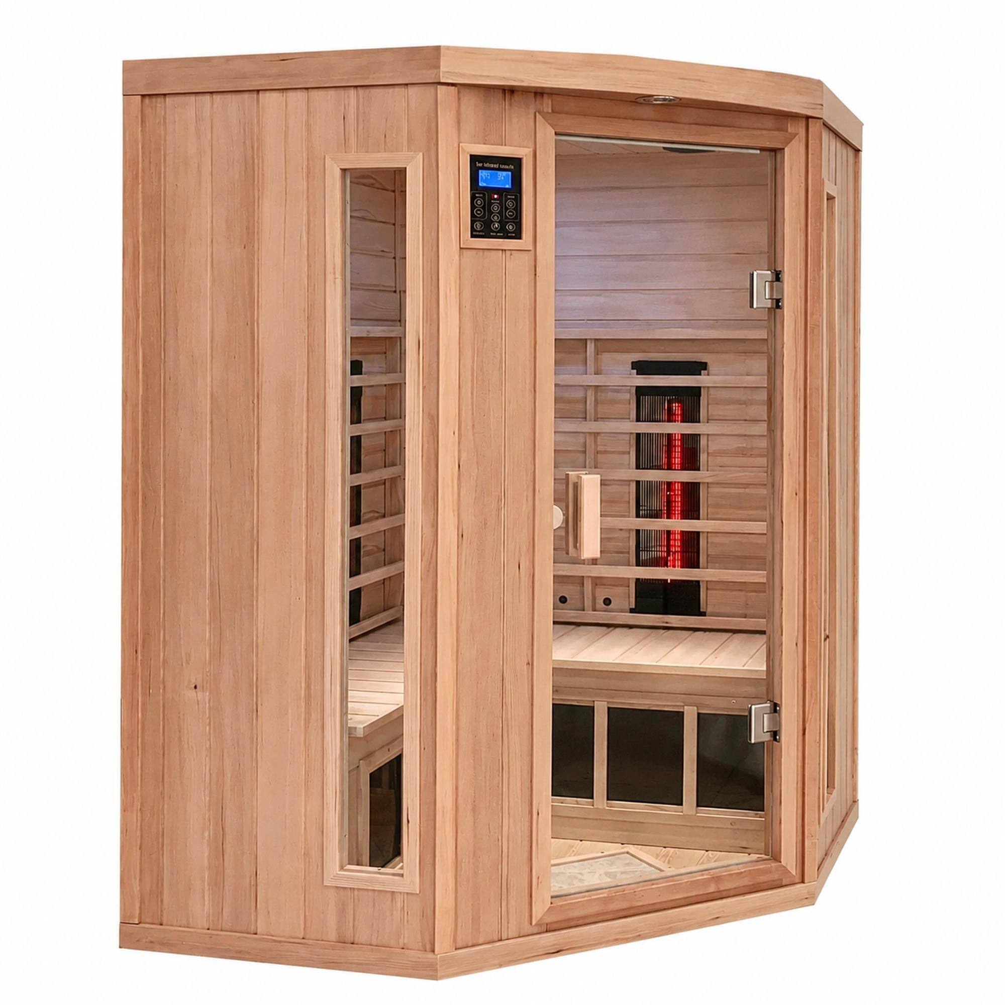 Front. RYHNUYNE - Hemlock Wood Pentagonal Far Infrared Sauna, Double Opening Glass Doors, Indoor Home Relaxation, Carbon Crystal Heating - Natural.