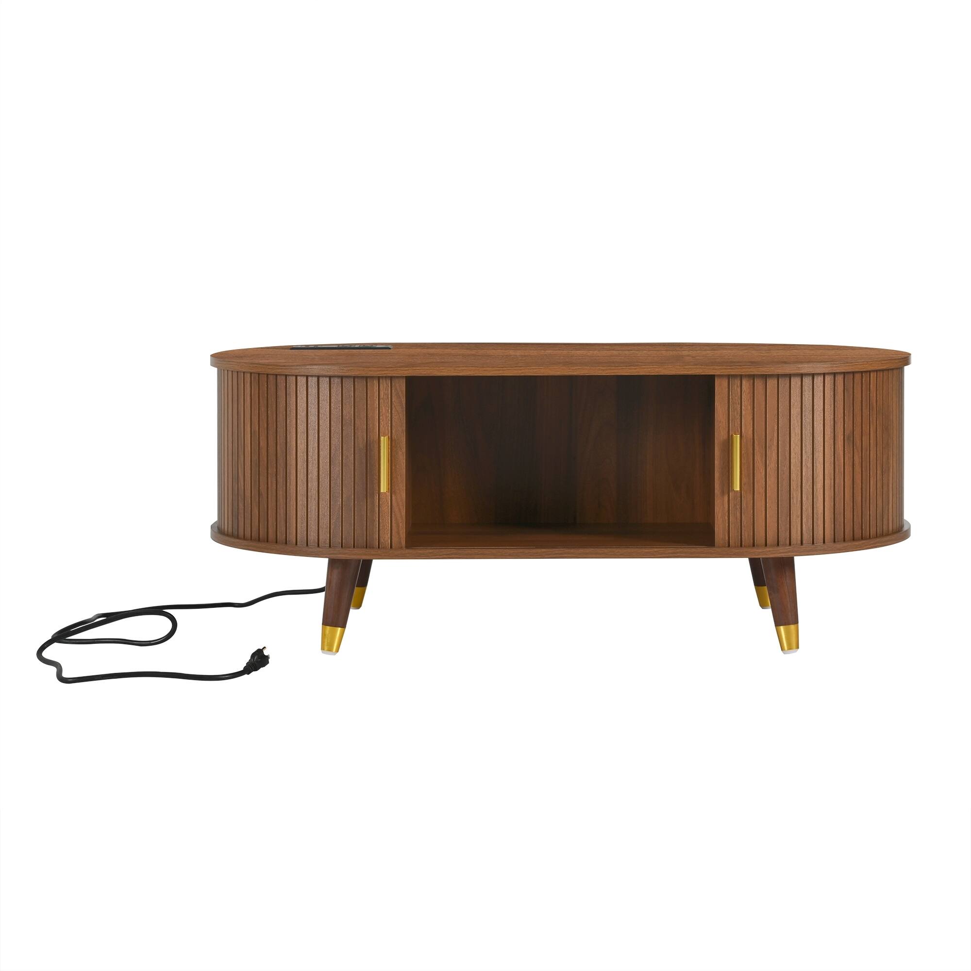 Back. Lirago - 43" Century Farmhouse Wooden Oval Coffee Table Fluted Design with Charging Station Sliding Tambour Door Solid Wood Legs - Brown.