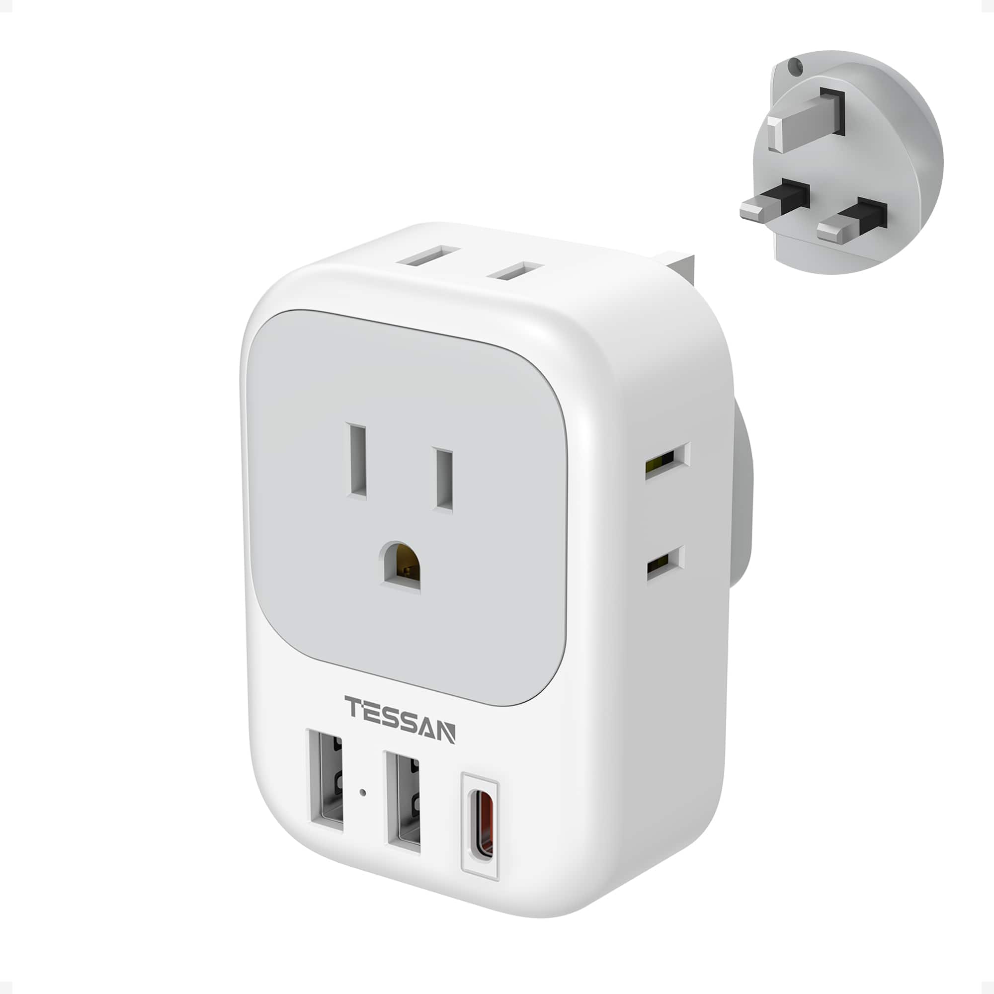 TESSAN - PD 20W US to UK Plug Travel Adapter,4AC Oulets with 2 USB-A Ports & 1 USB-C Port-Grey/White - Gray/White