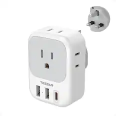 Front. TESSAN - US to UK Travel Plug Adapter, Type G Power Adapter with 4 Outlets and 3 USB Ports (1 PD 20W USB C) - White & Gray.