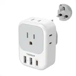TESSAN - PD 20W US to UK Plug Travel Adapter,4AC Oulets with 2 USB-A Ports & 1 USB-C Port-Grey/White - Gray/White
