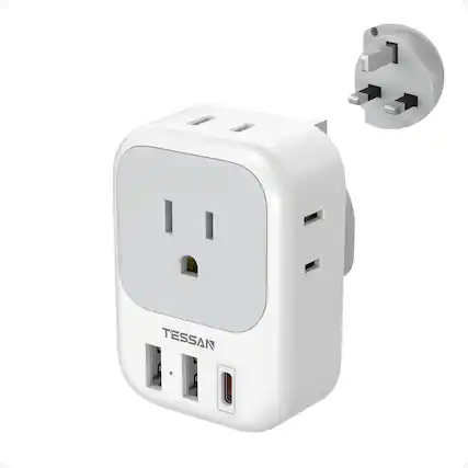 Front. TESSAN - PD 20W US to UK Plug Travel Adapter,4AC Oulets with 2 USB-A Ports & 1 USB-C Port-Grey/White - Grey/White.
