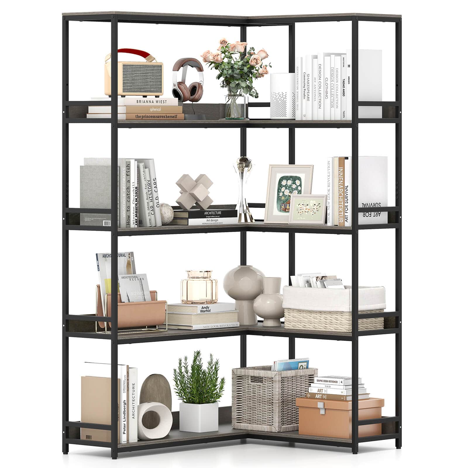 Costway - 5-Tier L-Shaped Bookcase Corner Bookshelf with Metal Frame Open Display Shelf - Gray