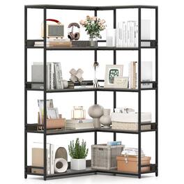 Costway - 5-Tier L-Shaped Bookcase Corner Bookshelf with Metal Frame Open Display Shelf - Gray