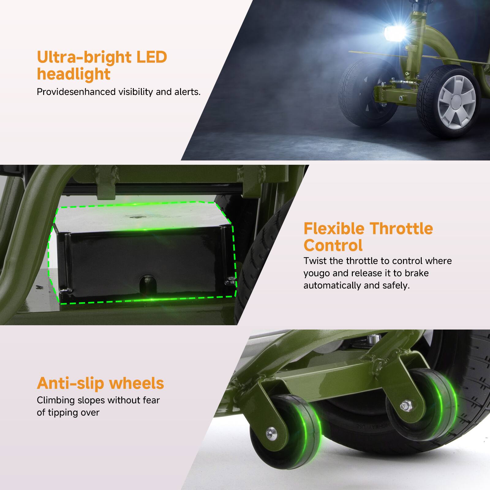 Ultra-bright LED headlight  
Provides enhanced visibility and alerts.

Flexible Throttle Control  
Twist the throttle to control where you go and release it to brake automatically and safely.

Anti-slip wheels  
Climbing slopes without fear of tipping over