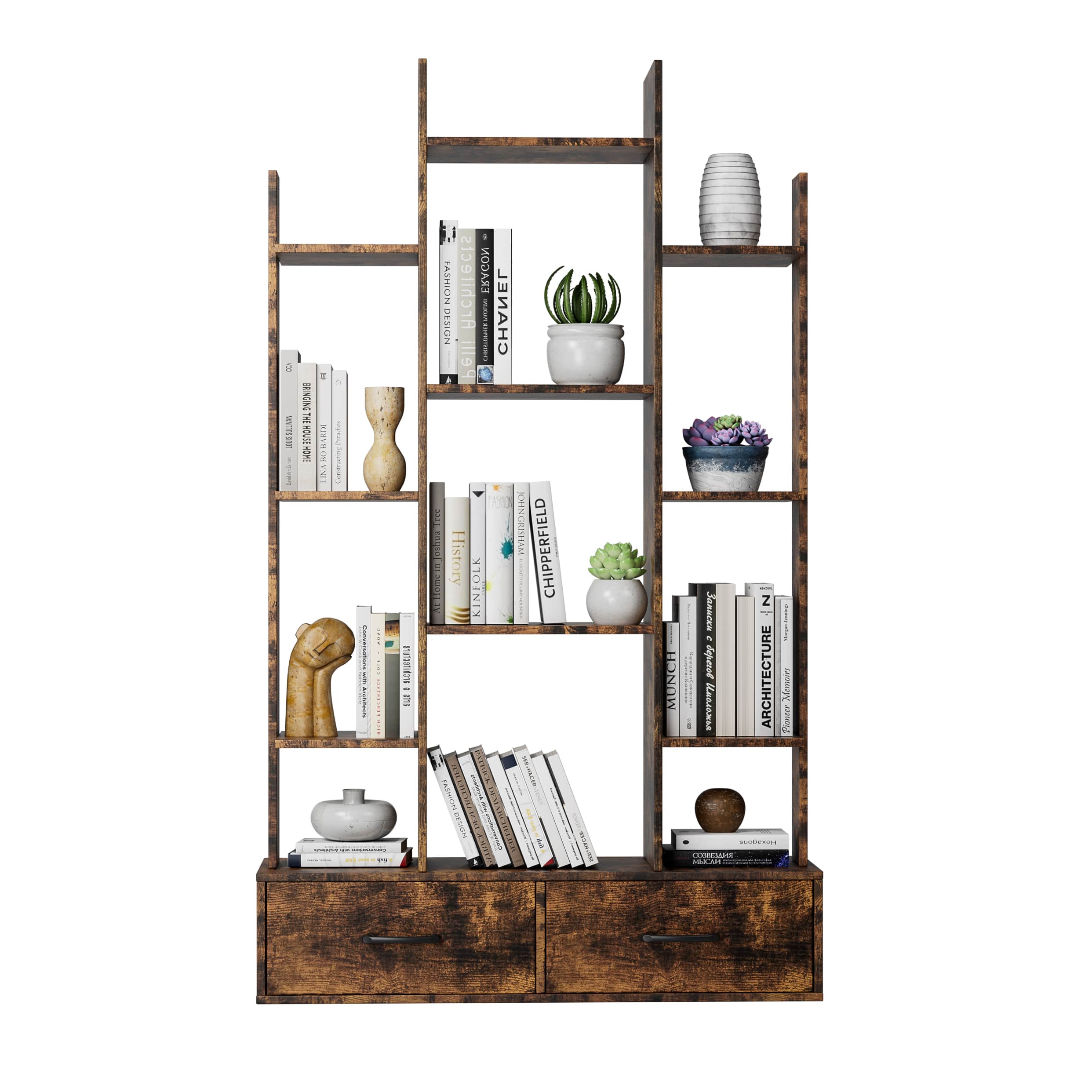 Ecooso - Bookshelf with 2 Drawers, Industrial Freestanding Open Display Bookcase with 12 Storage Shelves for Home Office - Deep Rustic Brown