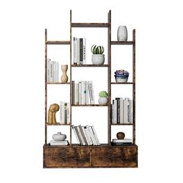 Ecooso - Bookshelf with 2 Drawers, Industrial Freestanding Open Display Bookcase with 12 Storage Shelves for Home Office - Deep Rustic Brown