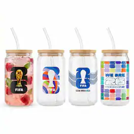 Jay Import - FIFA Set of 4 Glass Can Sippers with Bamboo Lids & Glass Straws - 16 oz Assorted Soccer Designs - Multi