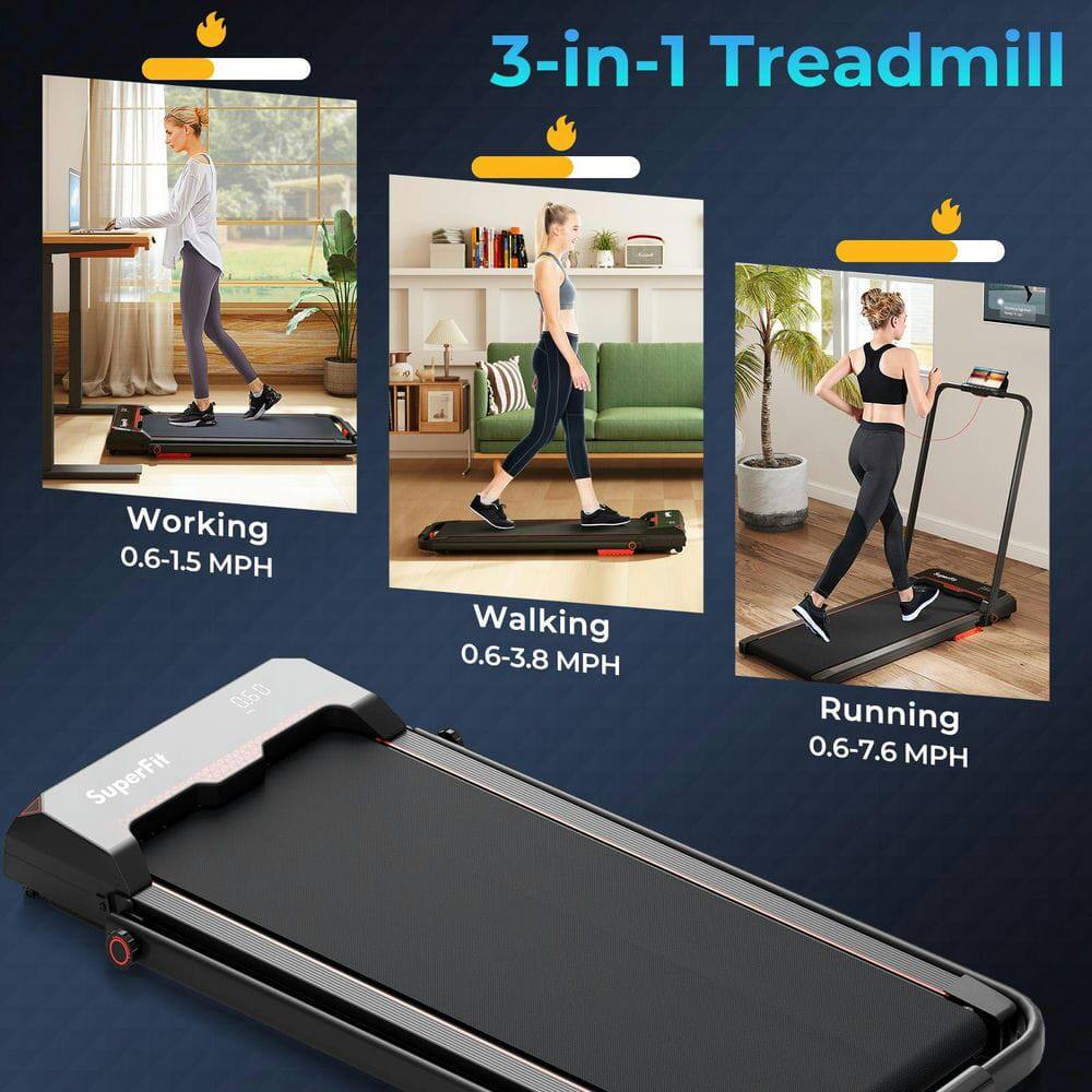 3-in-1 Treadmill

- Working: 0.6-1.5 MPH
- Walking: 0.6-3.8 MPH
- Running: 0.6-7.6 MPH
