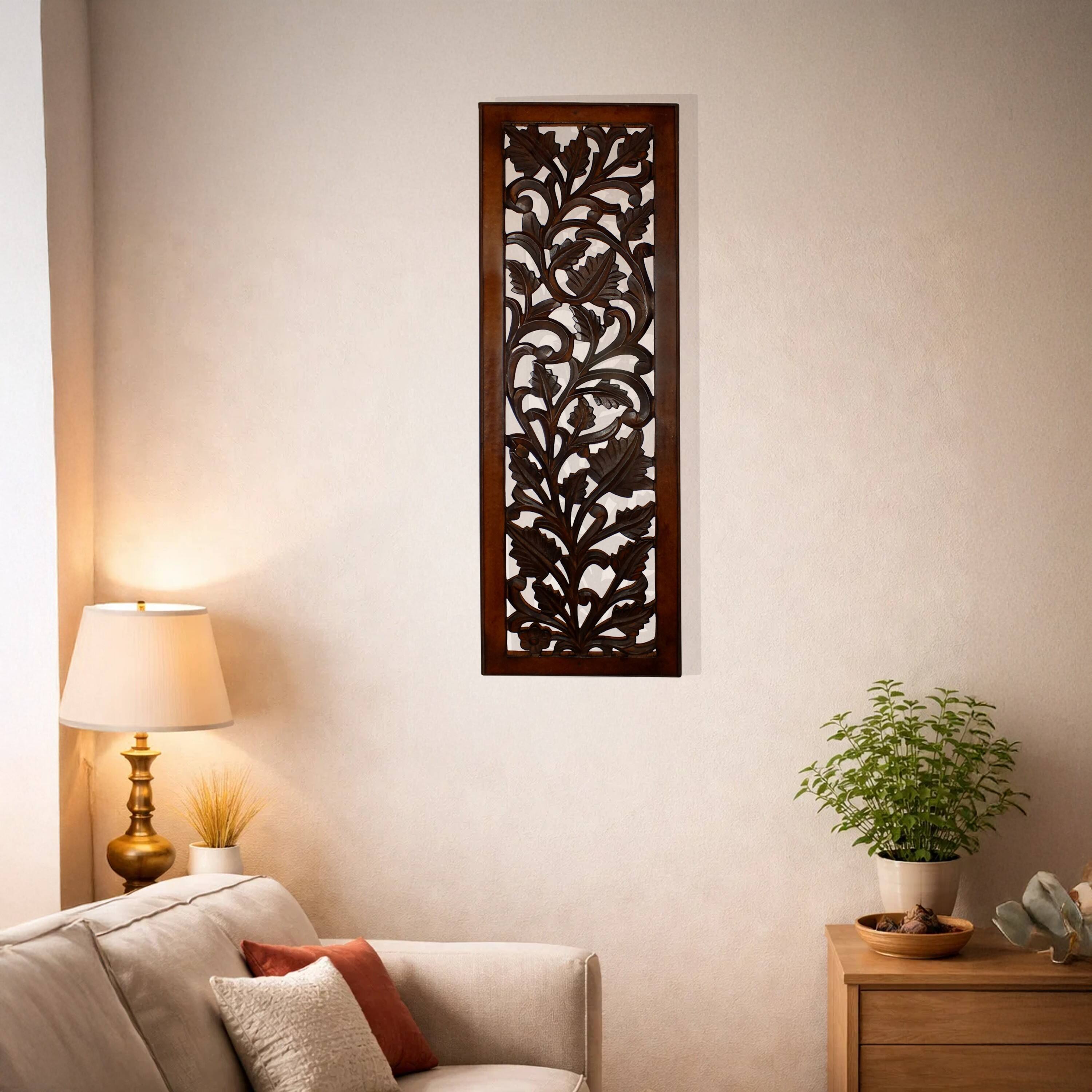 Alt View 7. Manhattan Lane - Mango Wood Wall Panel Hand Crafted with Leaves and Scroll Work Motif - Brown.