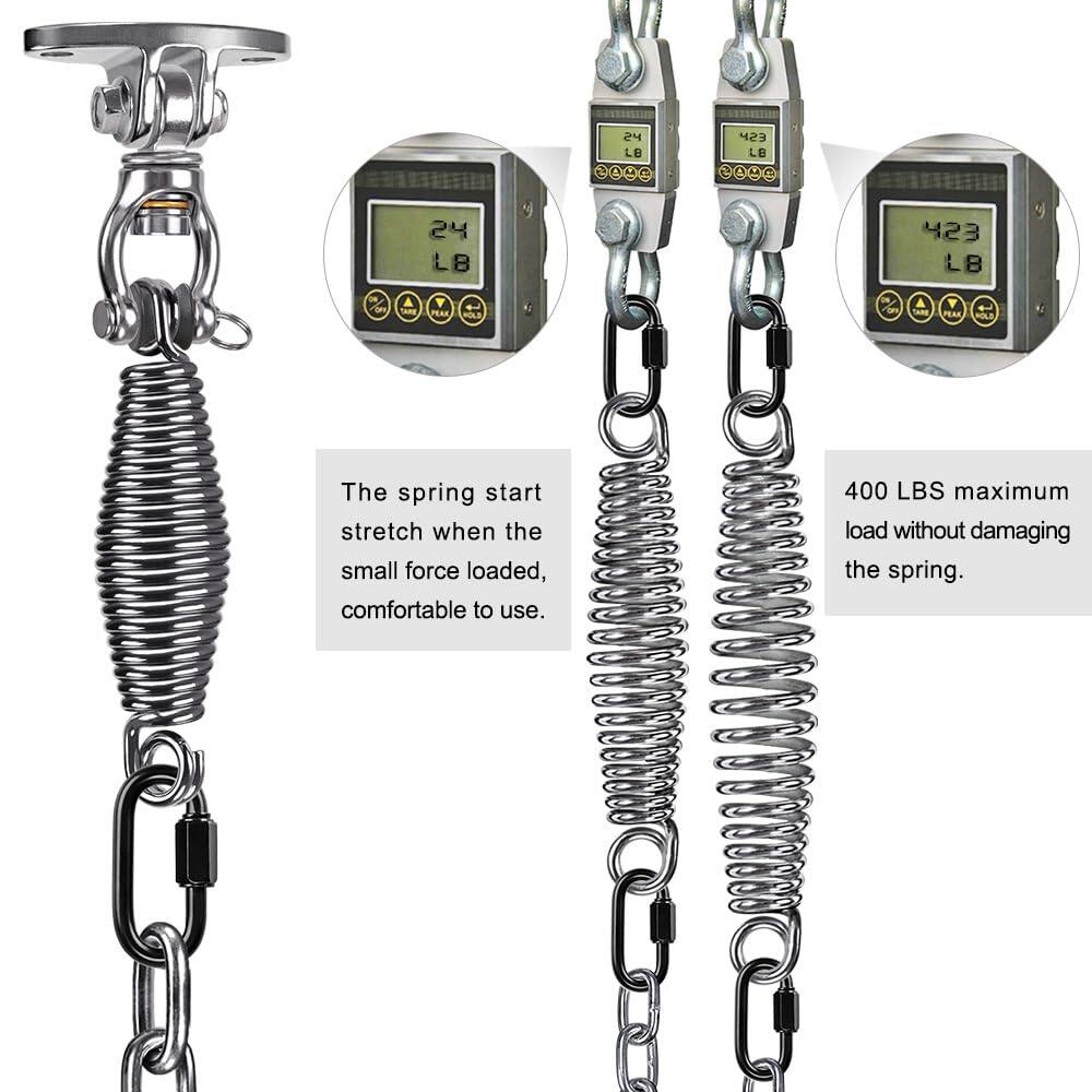 24 LB 423 LB  
The spring start stretch when the small force loaded, comfortable to use.  
400 LBS maximum load without damaging the spring.