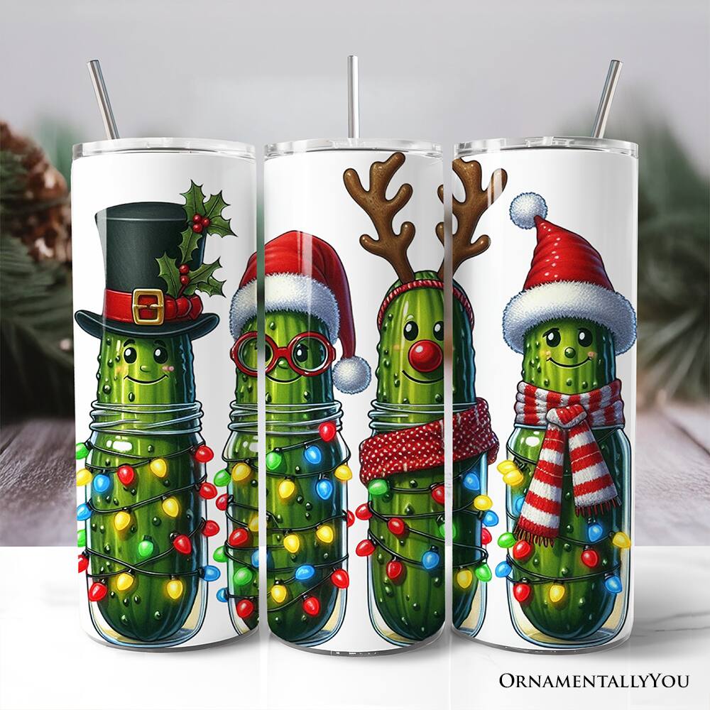 Back. OrnamentallyYou - Christmas Pickles 20oz Tumbler With Lid and Stainless Steel Straw - Multicolored.