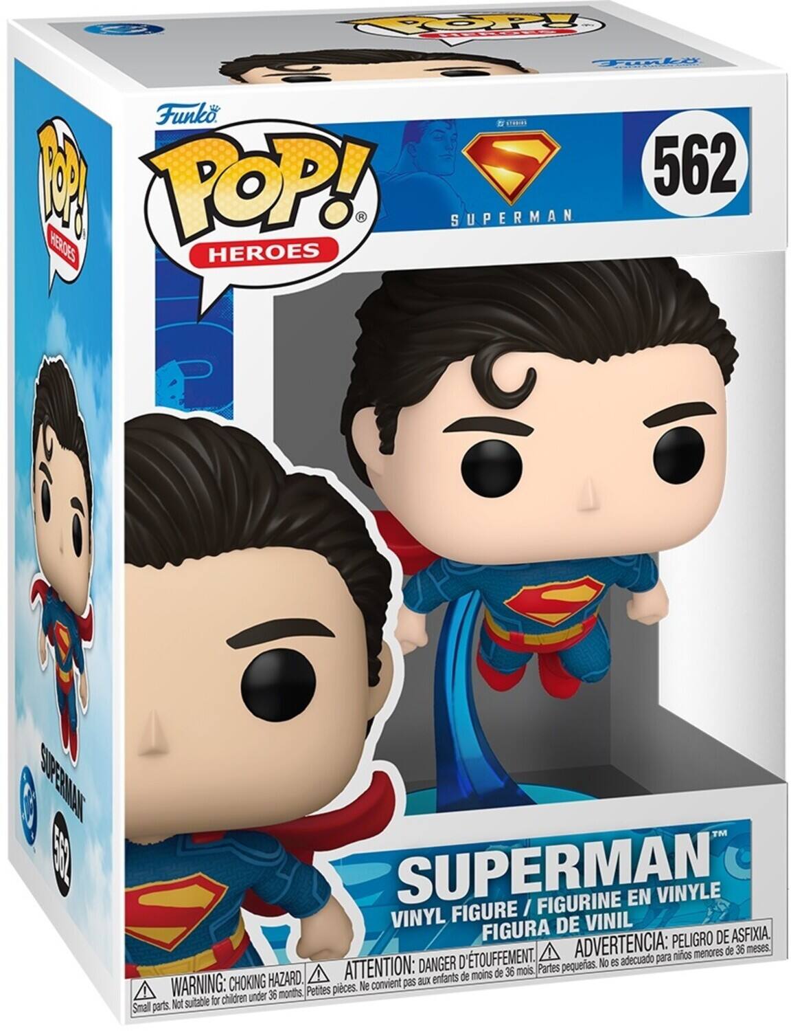Funko POP! Heroes  
562  
Superman  
Vinyl Figure / Figurine en Vinyle / Figura de Vinil  
Warning: Choking Hazard. Small parts. Not suitable for children under 36 months.  
Advertencia: Peligro de asfixia. Piezas pequeñas. No es adecuado para niños menores de 36 meses.  
Attention: Danger d'étouffement. Petites pièces. Ne convient pas aux enfants de moins de 36 mois.