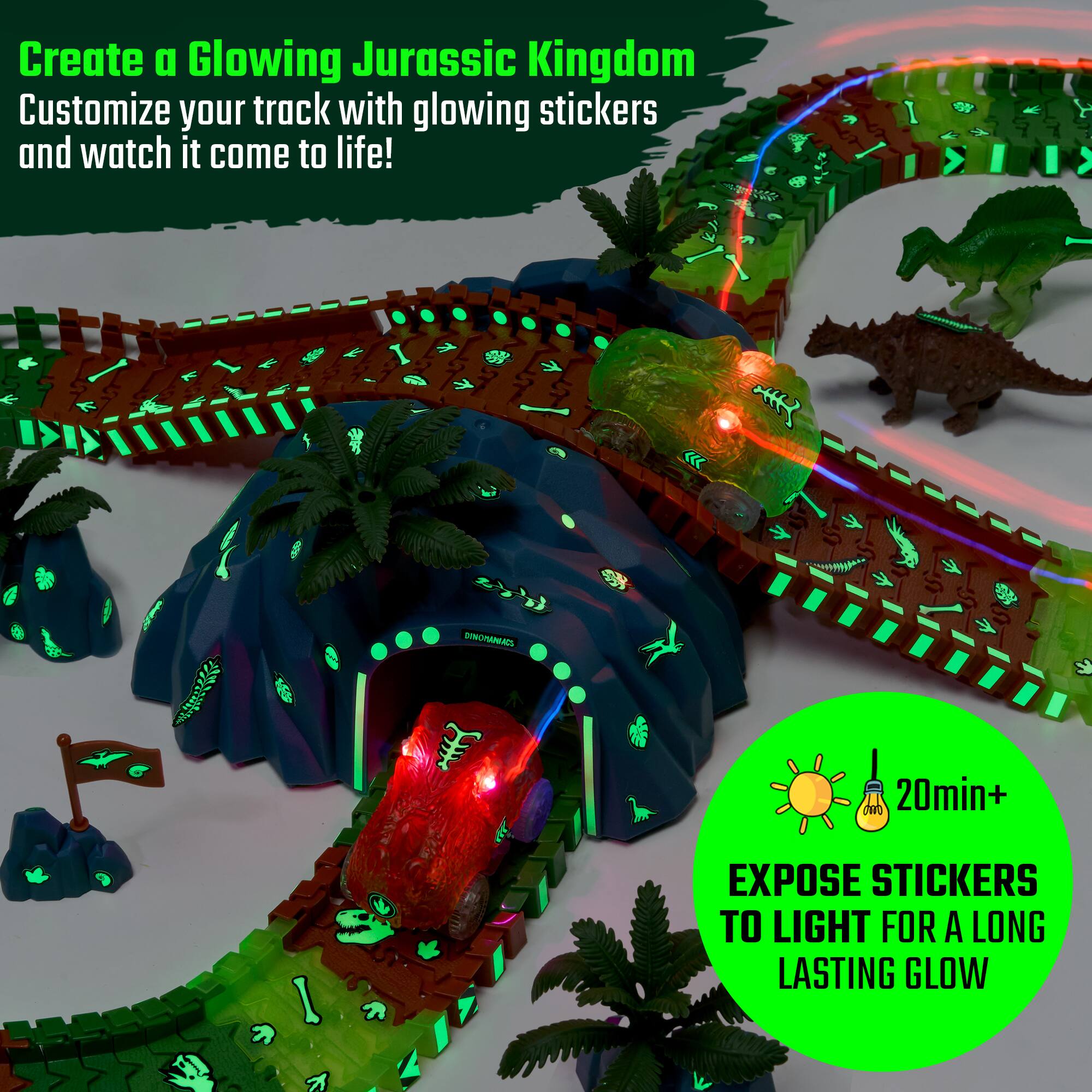 Create a Glowing Jurassic Kingdom  
Customize your track with glowing stickers and watch it come to life!  

Expose stickers to light for a long-lasting glow.  
20min+