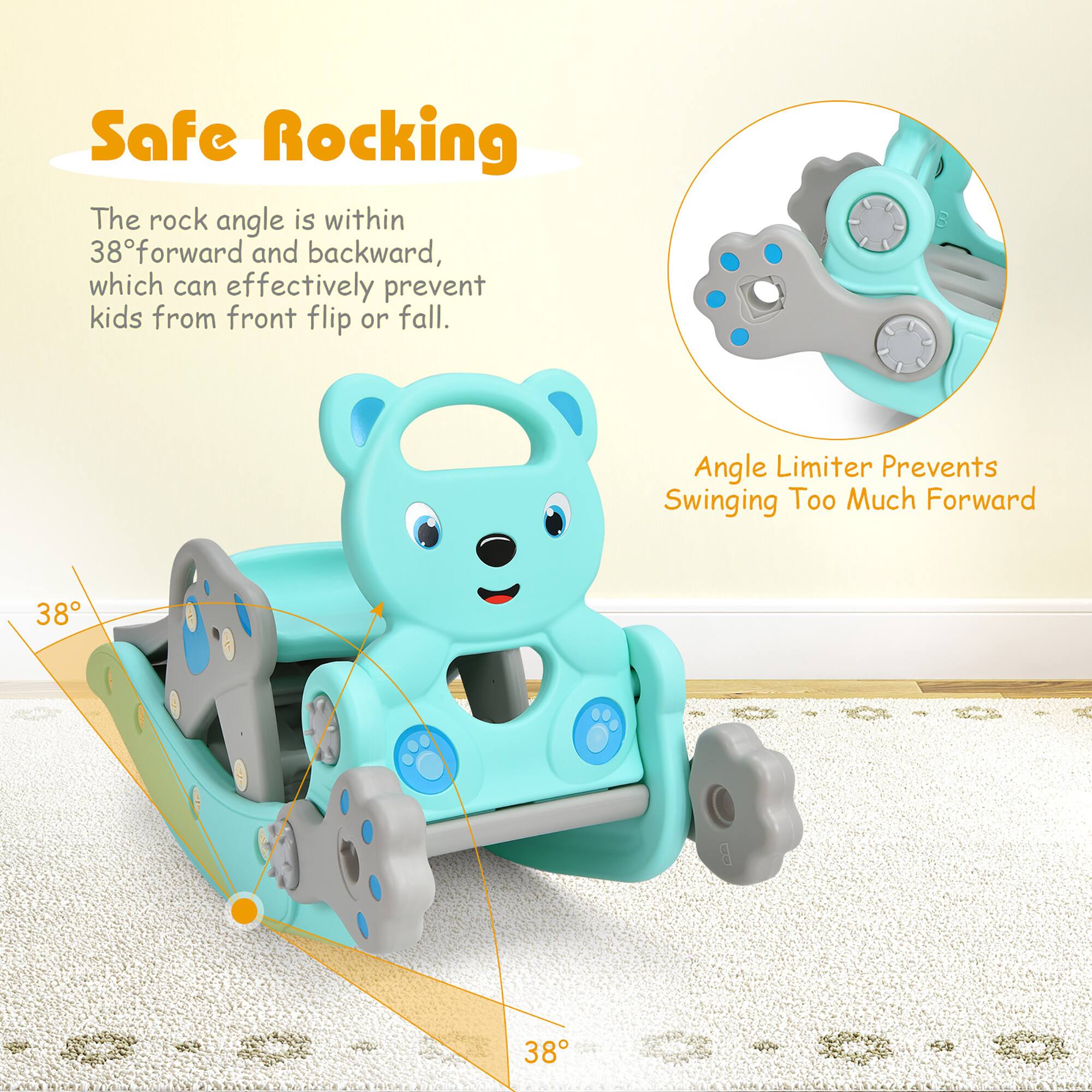 Safe Rocking

The rock angle is within 38° forward and backward, which can effectively prevent kids from front flip or fall.

Angle Limiter Prevents Swinging Too Much Forward