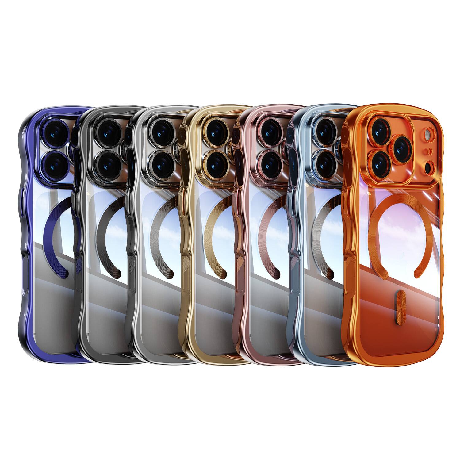 Alt View 3. Dteck - Magnetic Case For iPhone 17 Pro With Built-in Lens Protector Shockproof Plating Curly Wavy Frame Clear Back Cover - Silver.