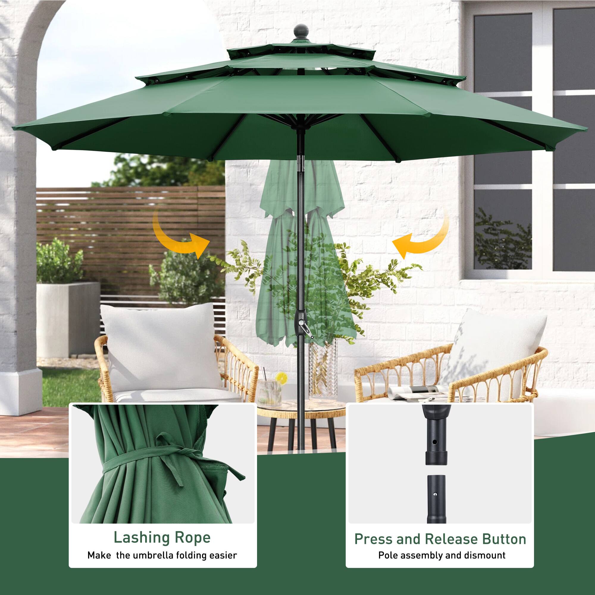 Lashing Rope  
Make the umbrella folding easier  

Press and Release Button  
Pole assembly and dismount